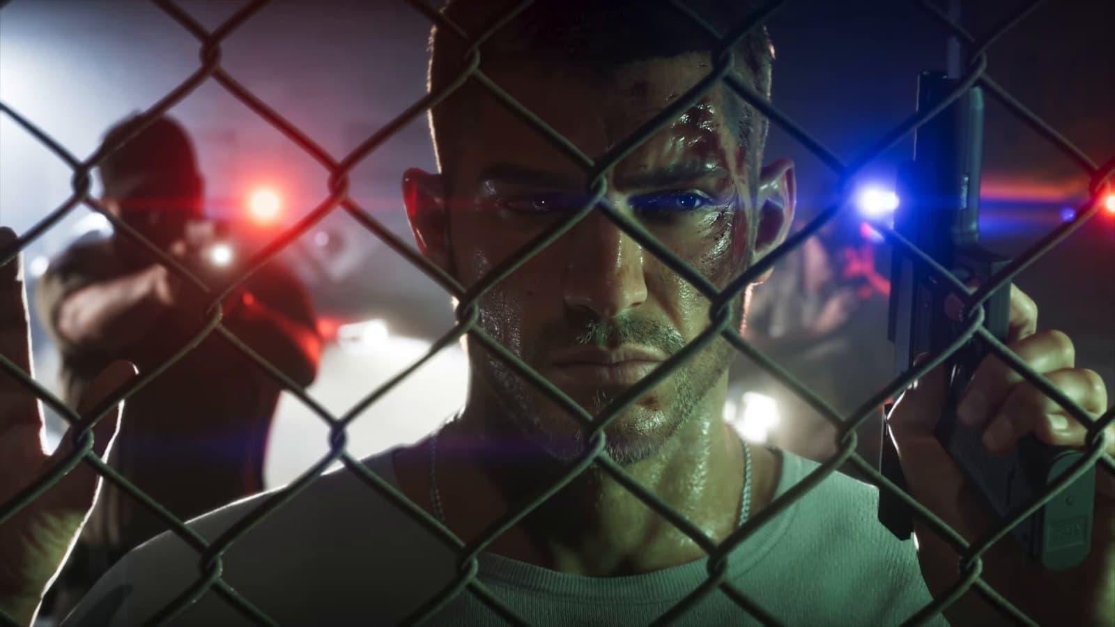 Jason cornered against a fence with police lights on him