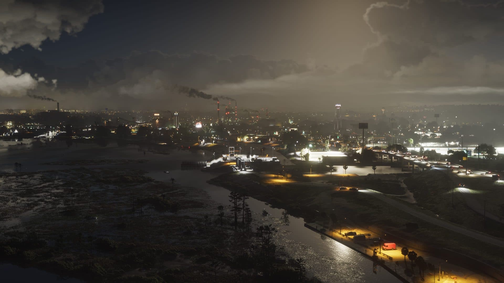 The industrial skyline of Ambrosia at dusk