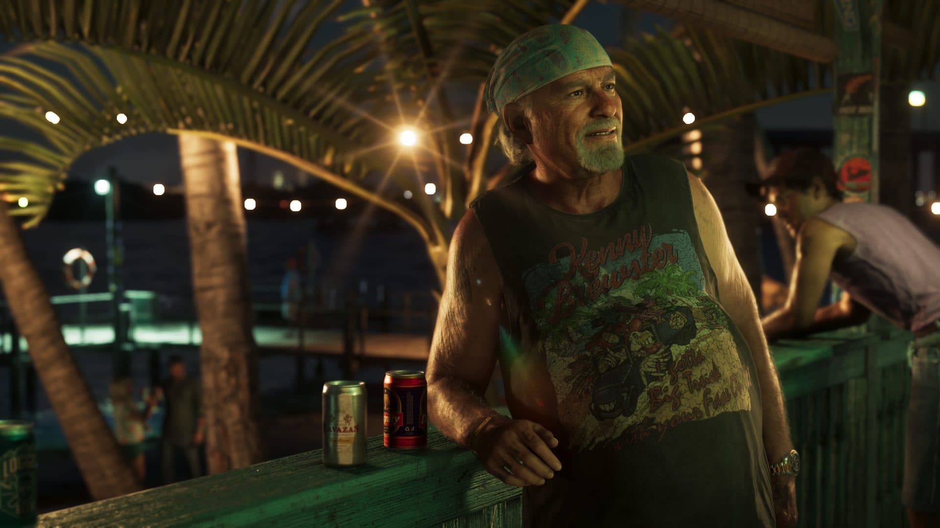 Brian at a waterside bar after dark