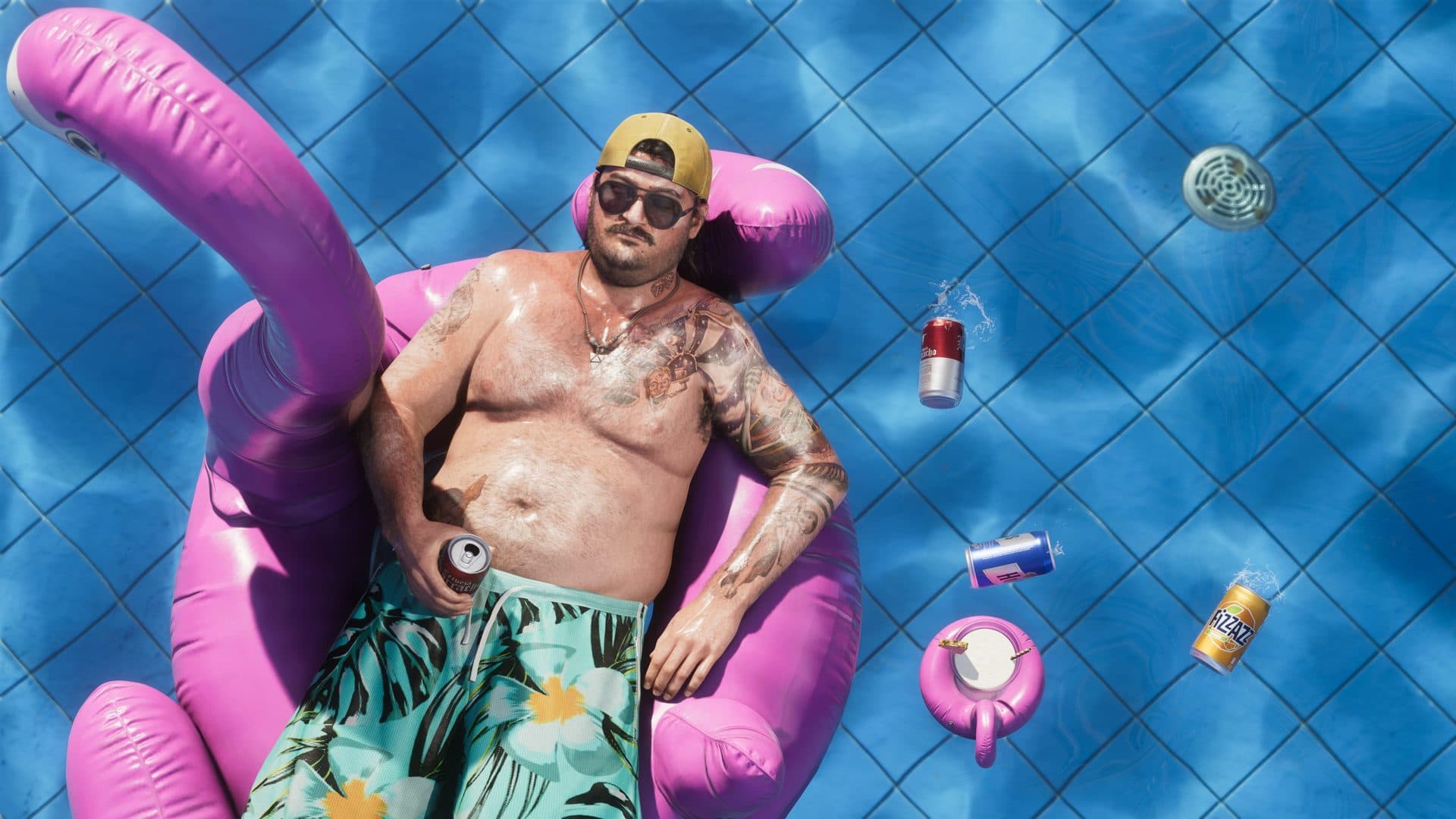 Cal Hampton floating on a flamingo inflatable surrounded by empty cans