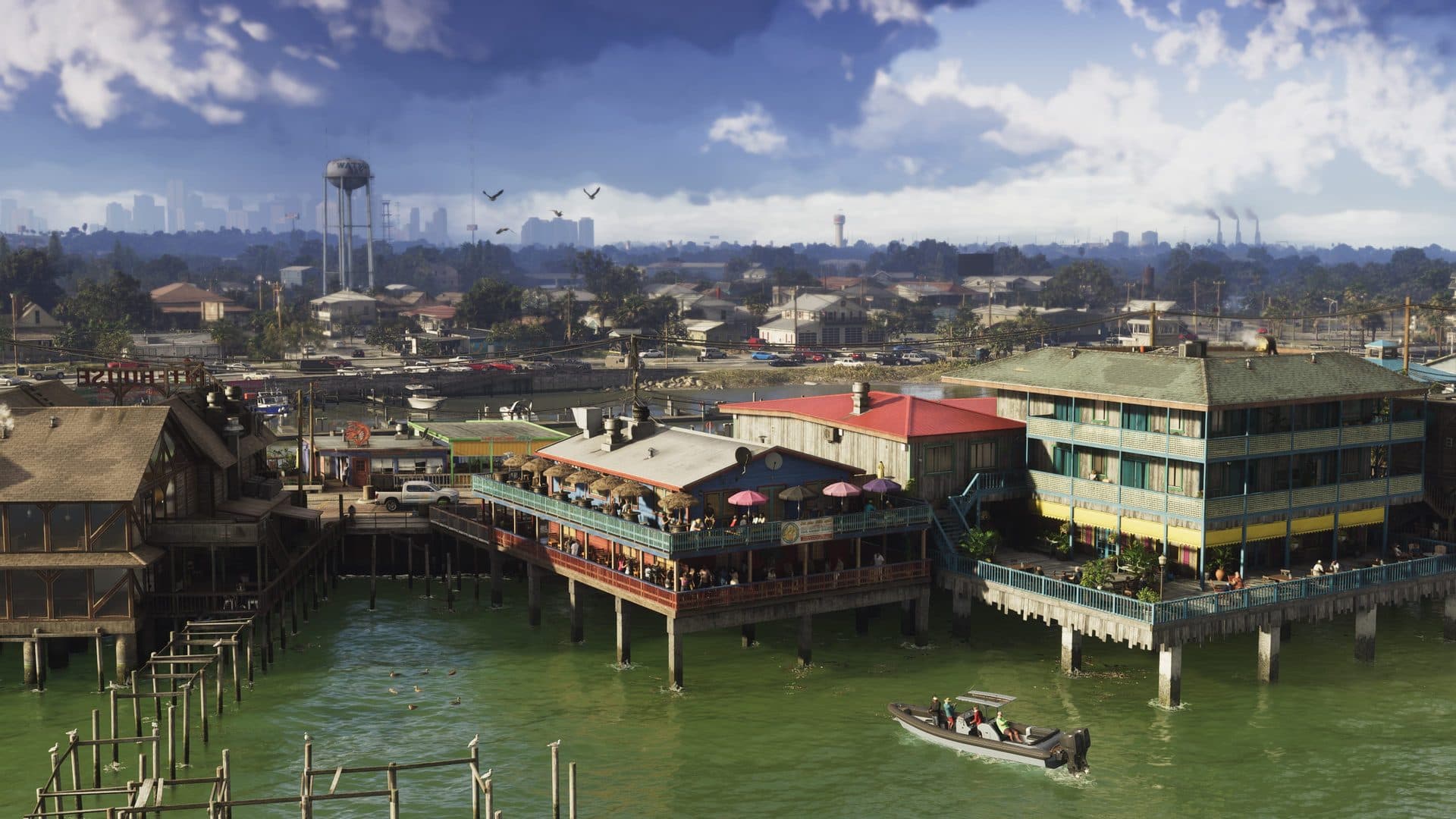 A stilt community on the water, Vice City on the horizon