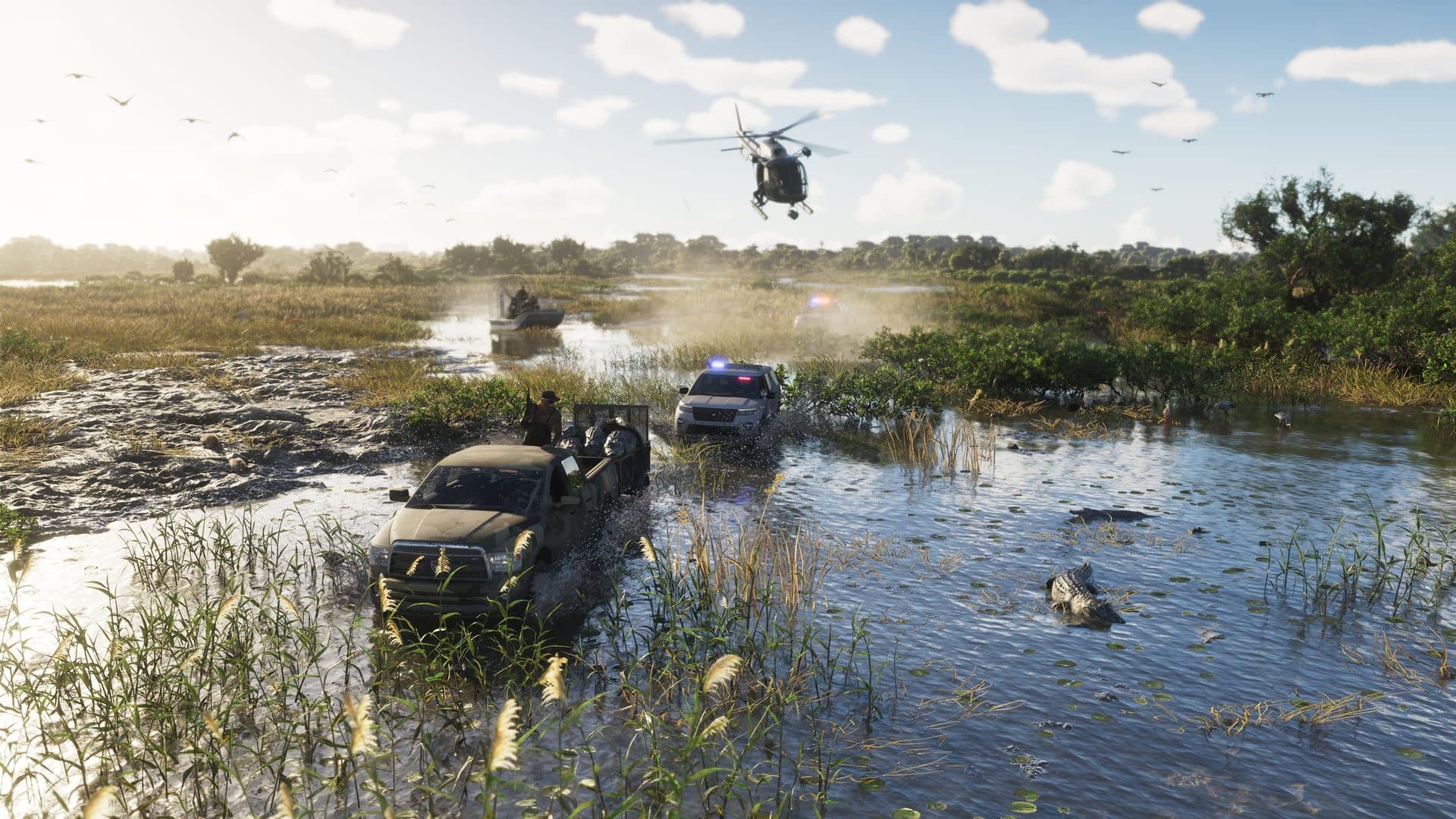 Airboats and a helicopter converging across the Grassrivers wetland