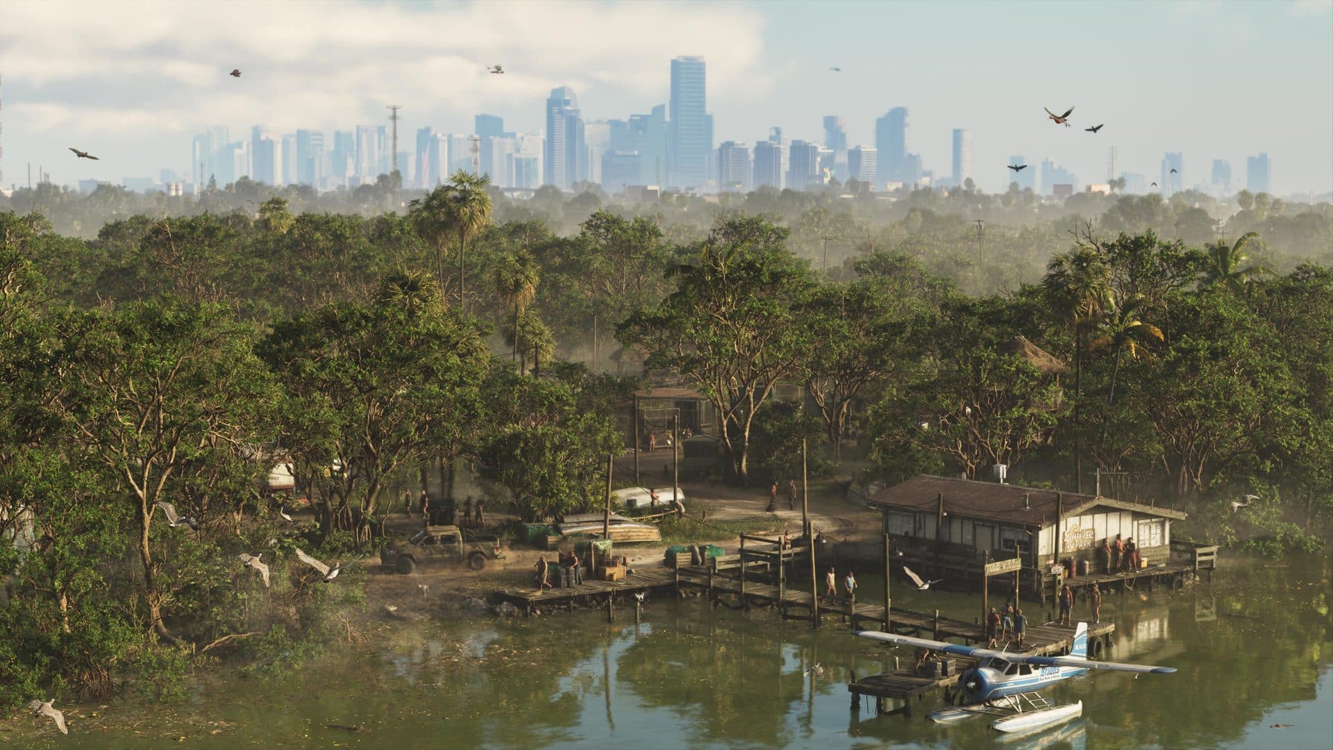 A wetland community with the Vice City skyline on the horizon