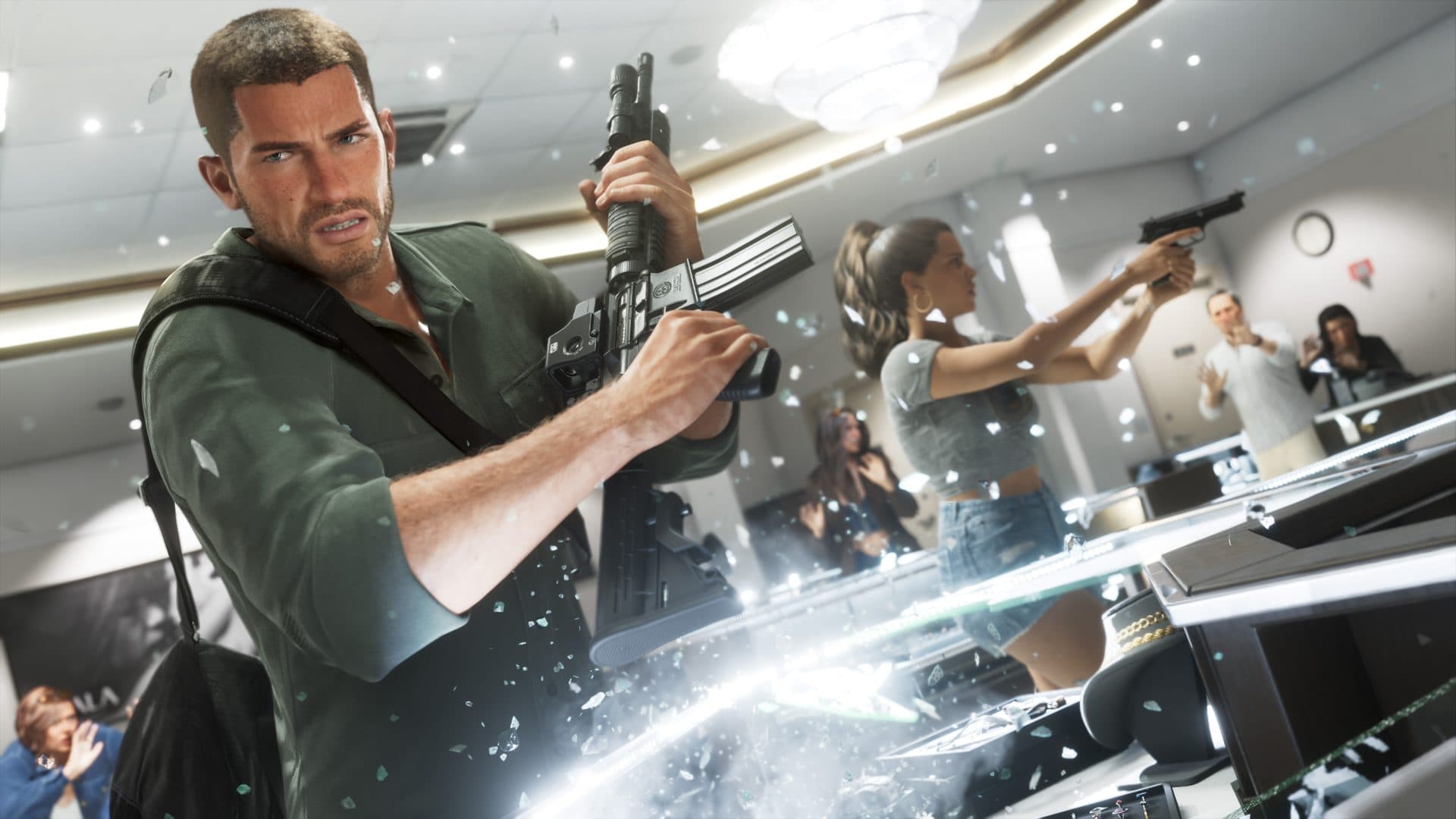 A store robbery mid-collapse, Jason firing while Lucia holds the room