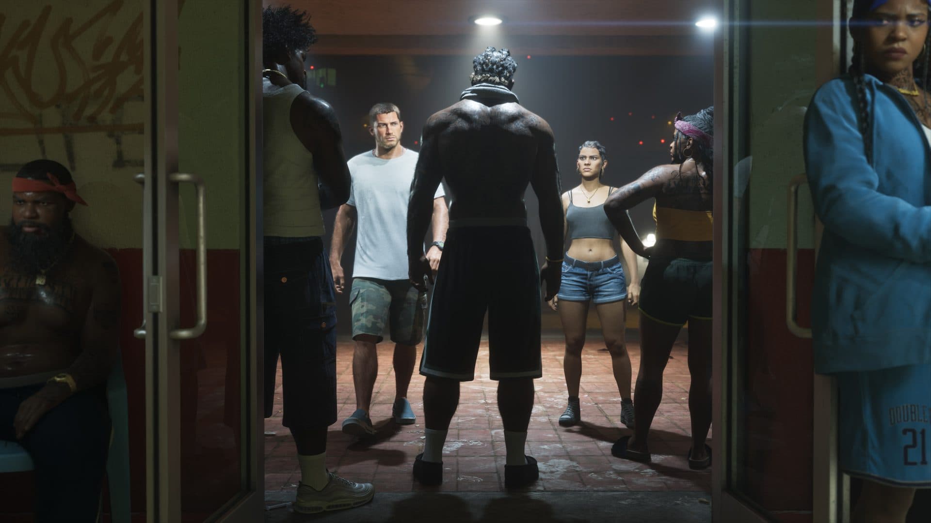Jason and Lucia framed in a doorway, from the official screenshot set