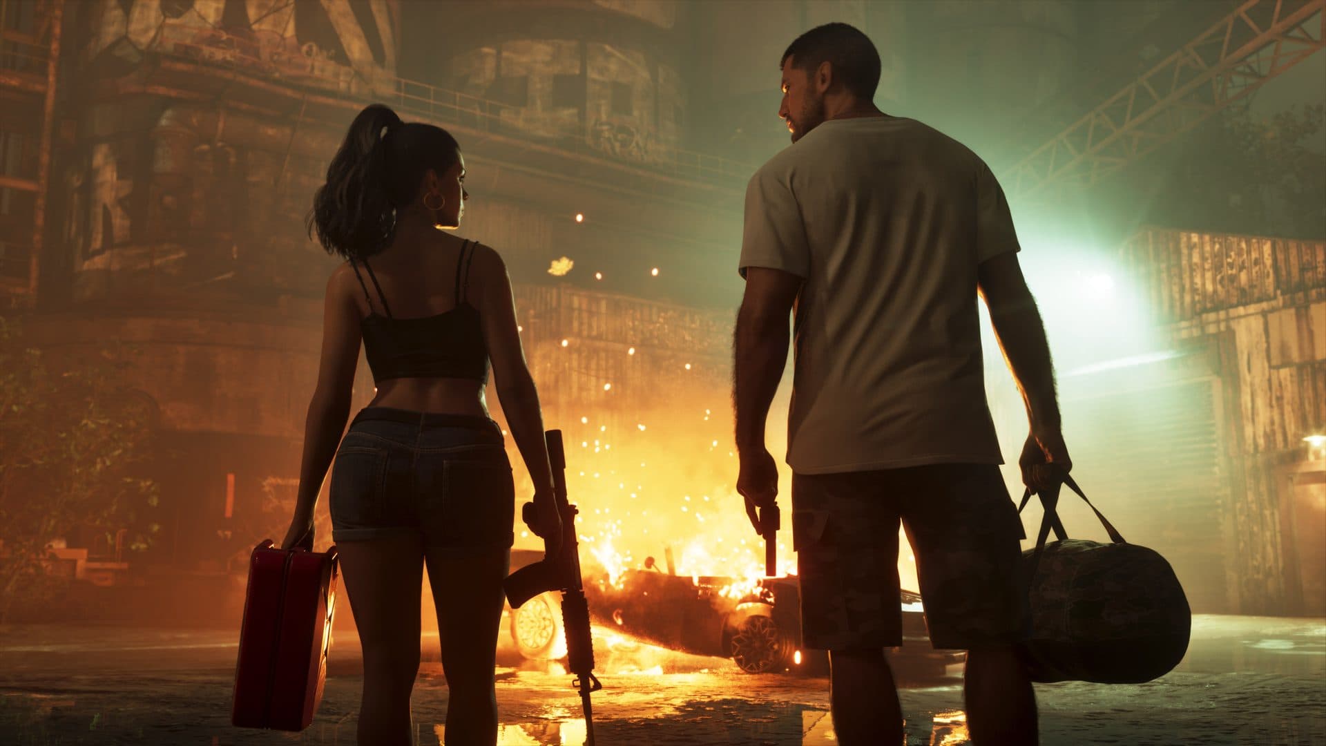 The pair walking away from a burning vehicle