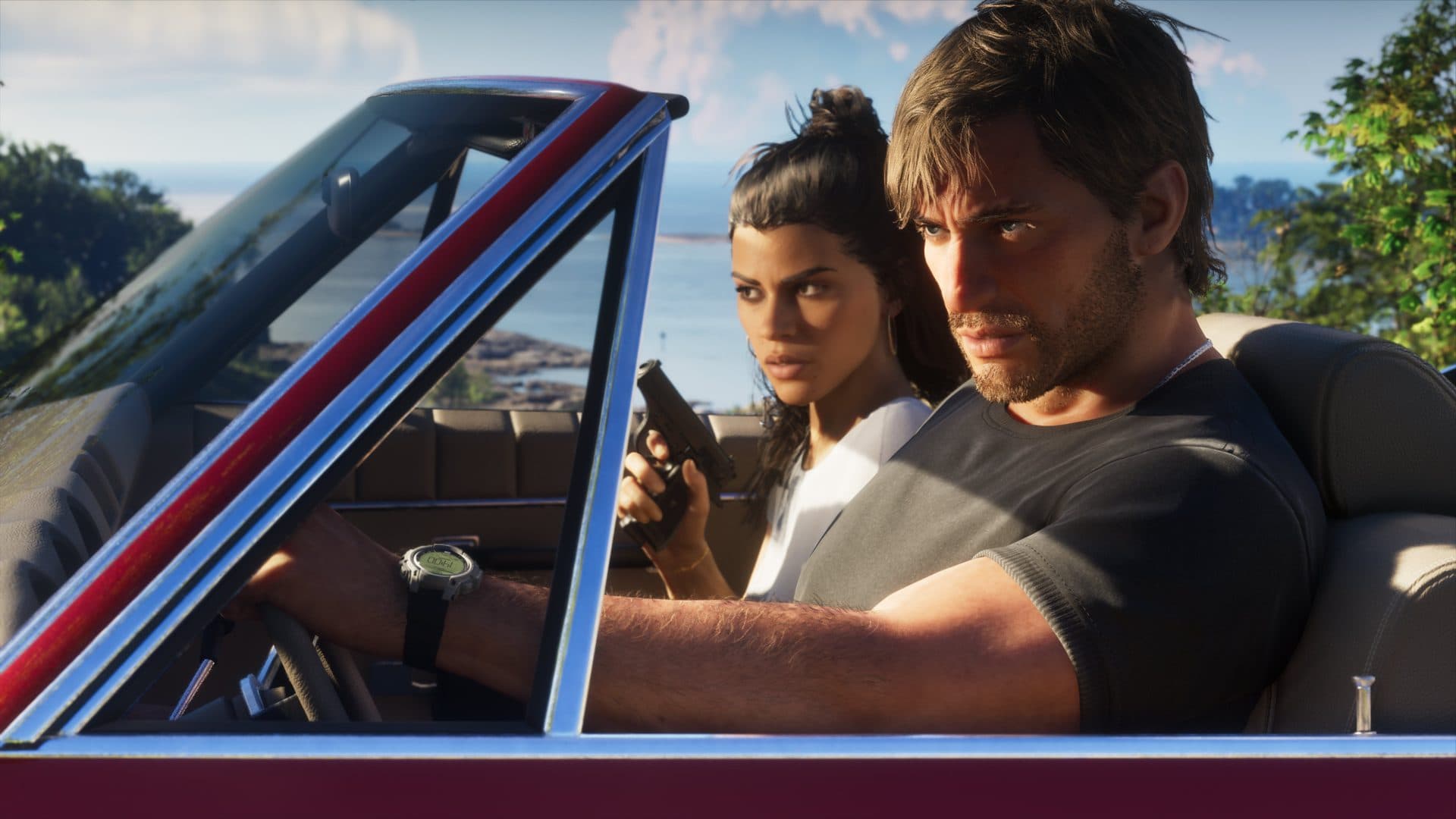 The pair in a convertible on a Vice City road