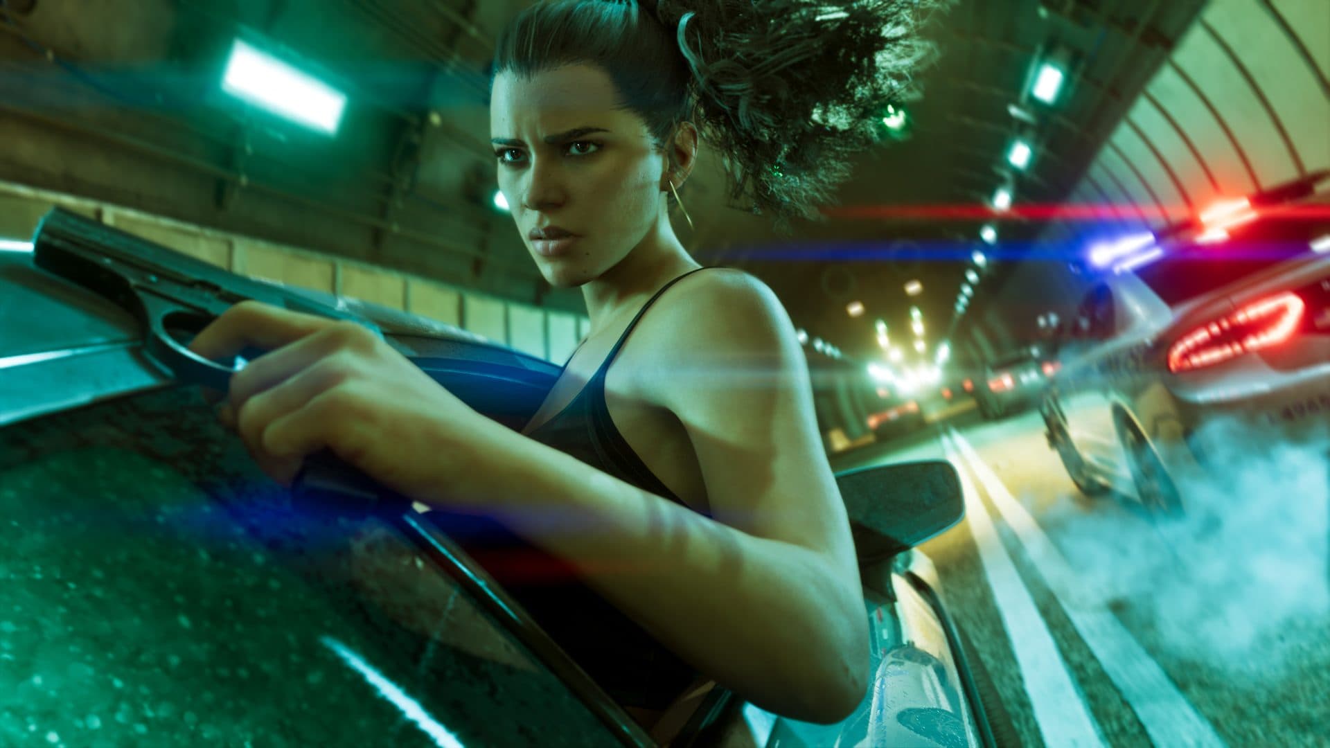 Lucia driving at speed with police lights behind her