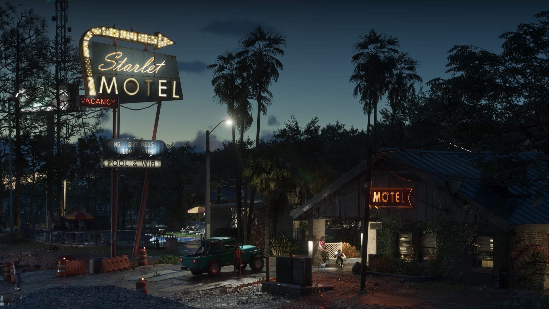The Starlet Motel sign at dusk in Port Gellhorn