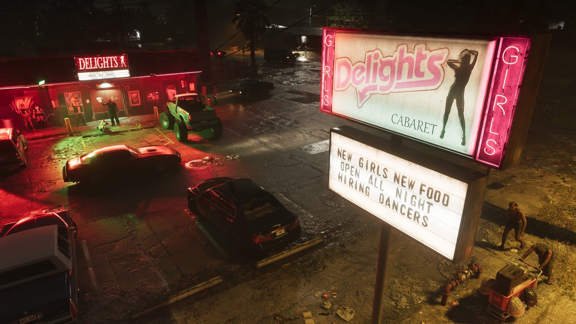 Police lights outside a Port Gellhorn cabaret at night
