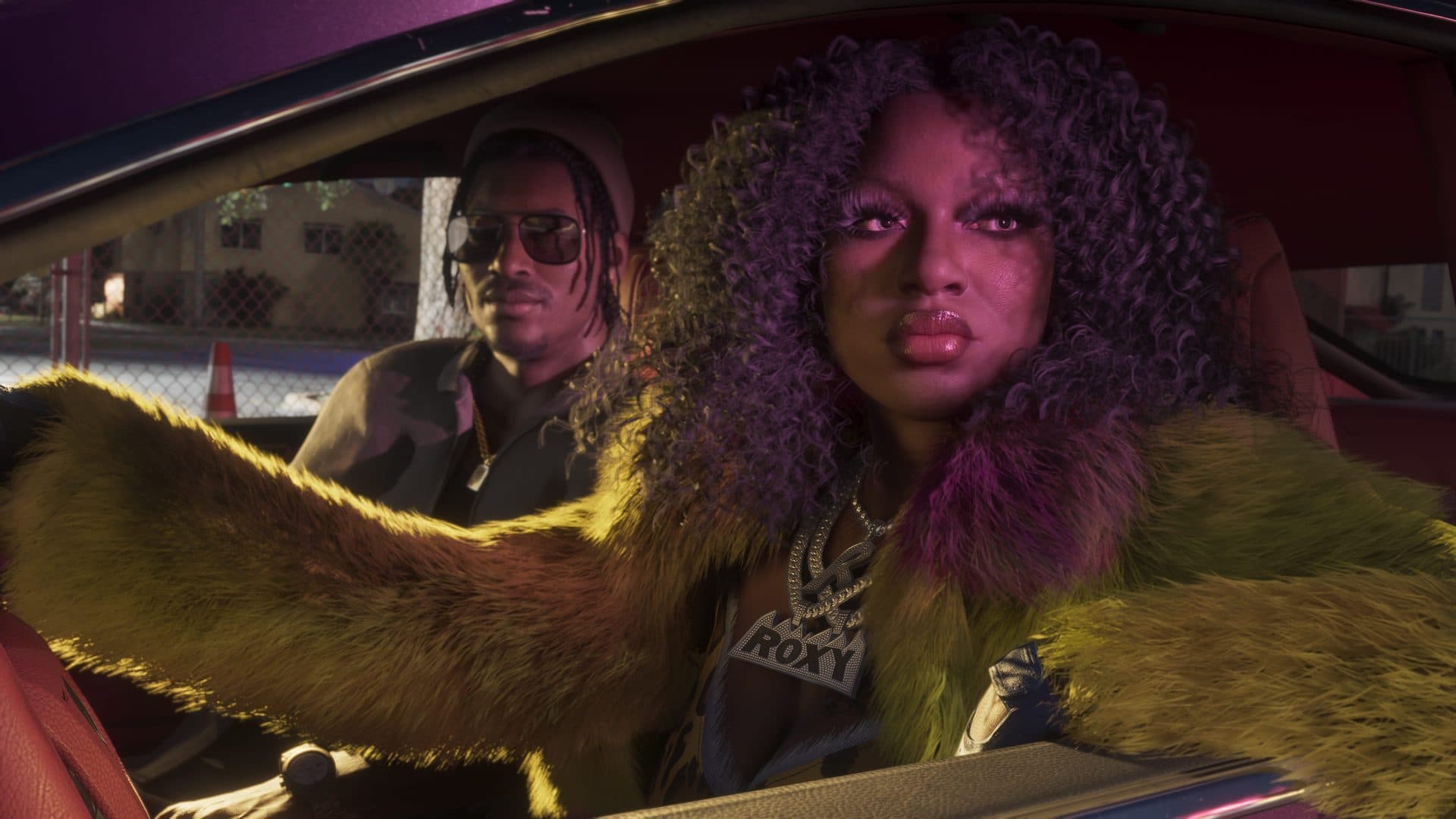 Roxy, name on the chain, in the passenger seat