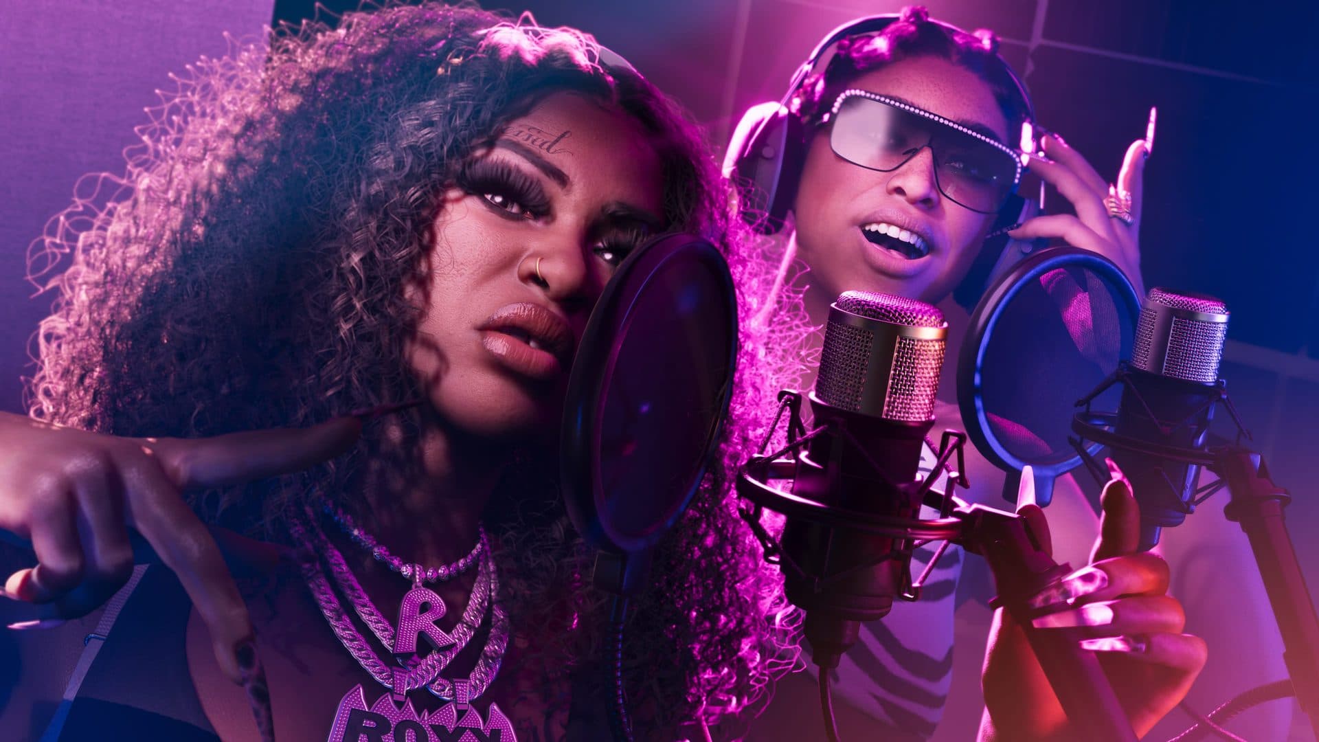 Real Dimez recording at a studio microphone