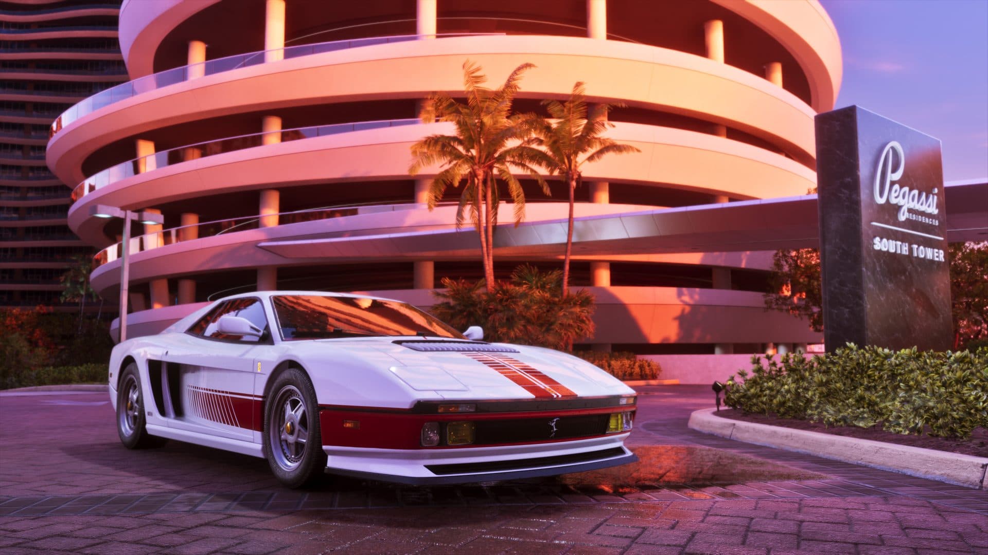 A white and red Grotti Cheetah parked outside the Pagasi towers