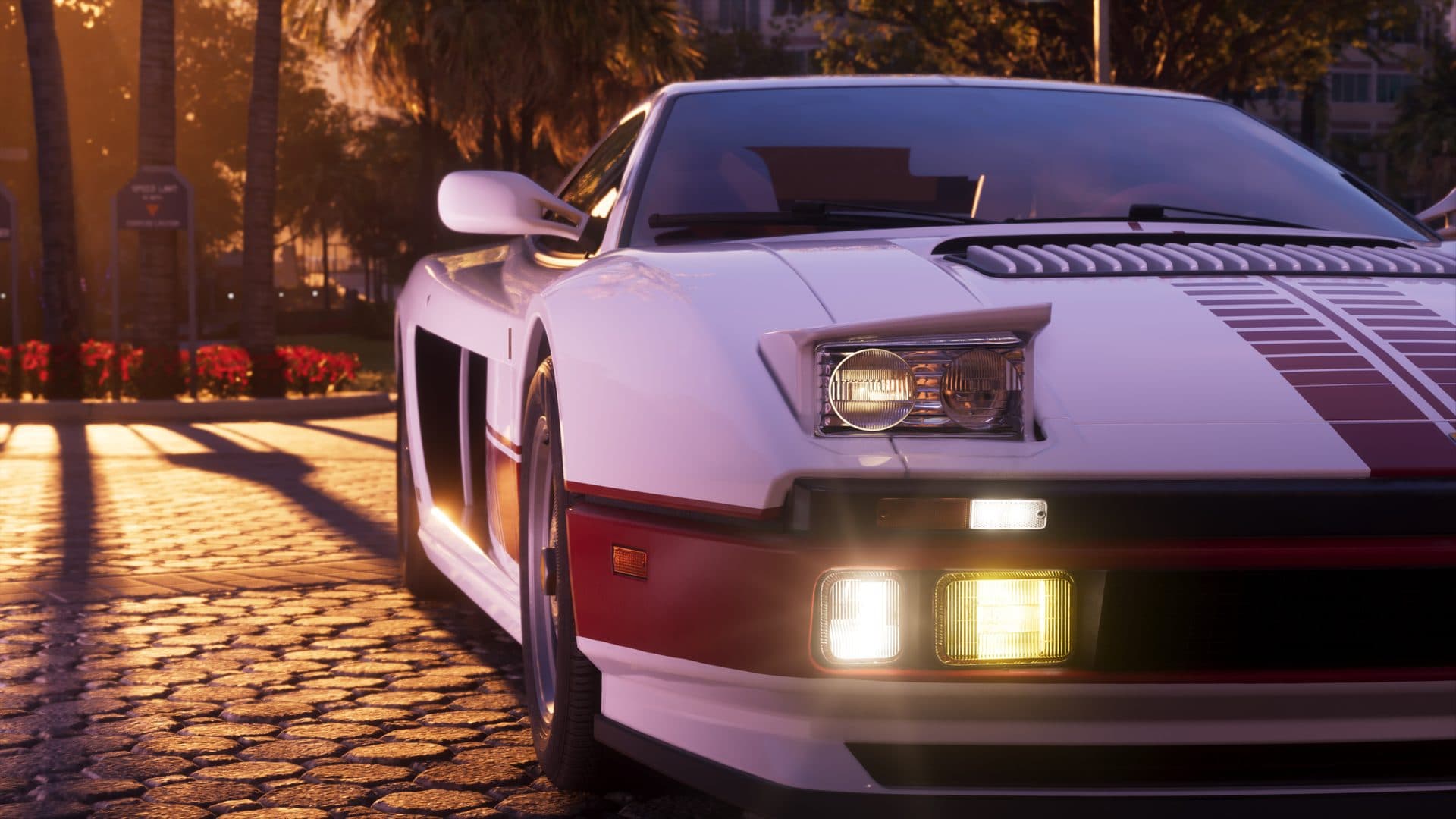 Pop-up lamps up, on a Vice City street at dusk