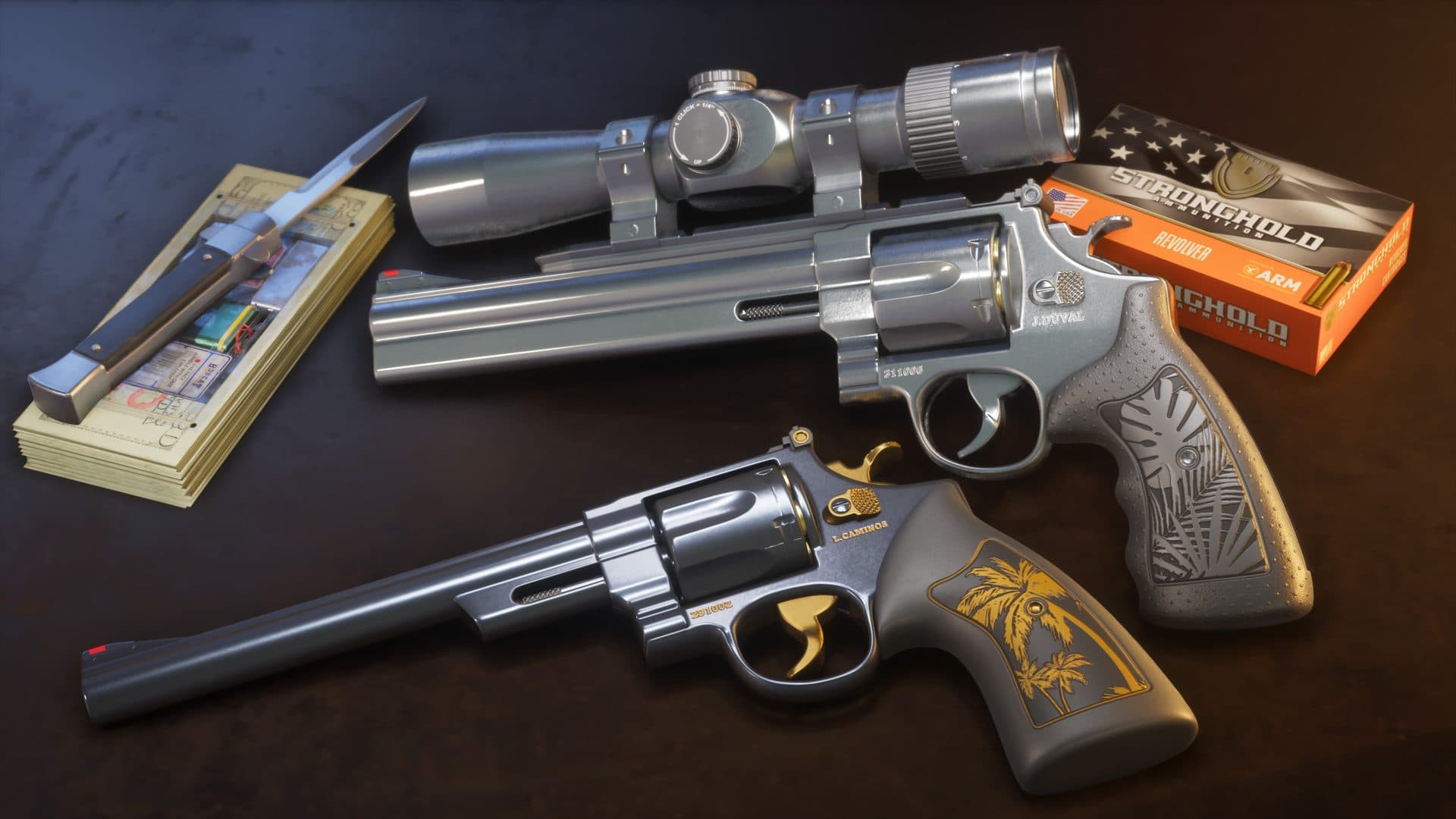 Two engraved Morgan revolvers laid out with a scope and ammunition