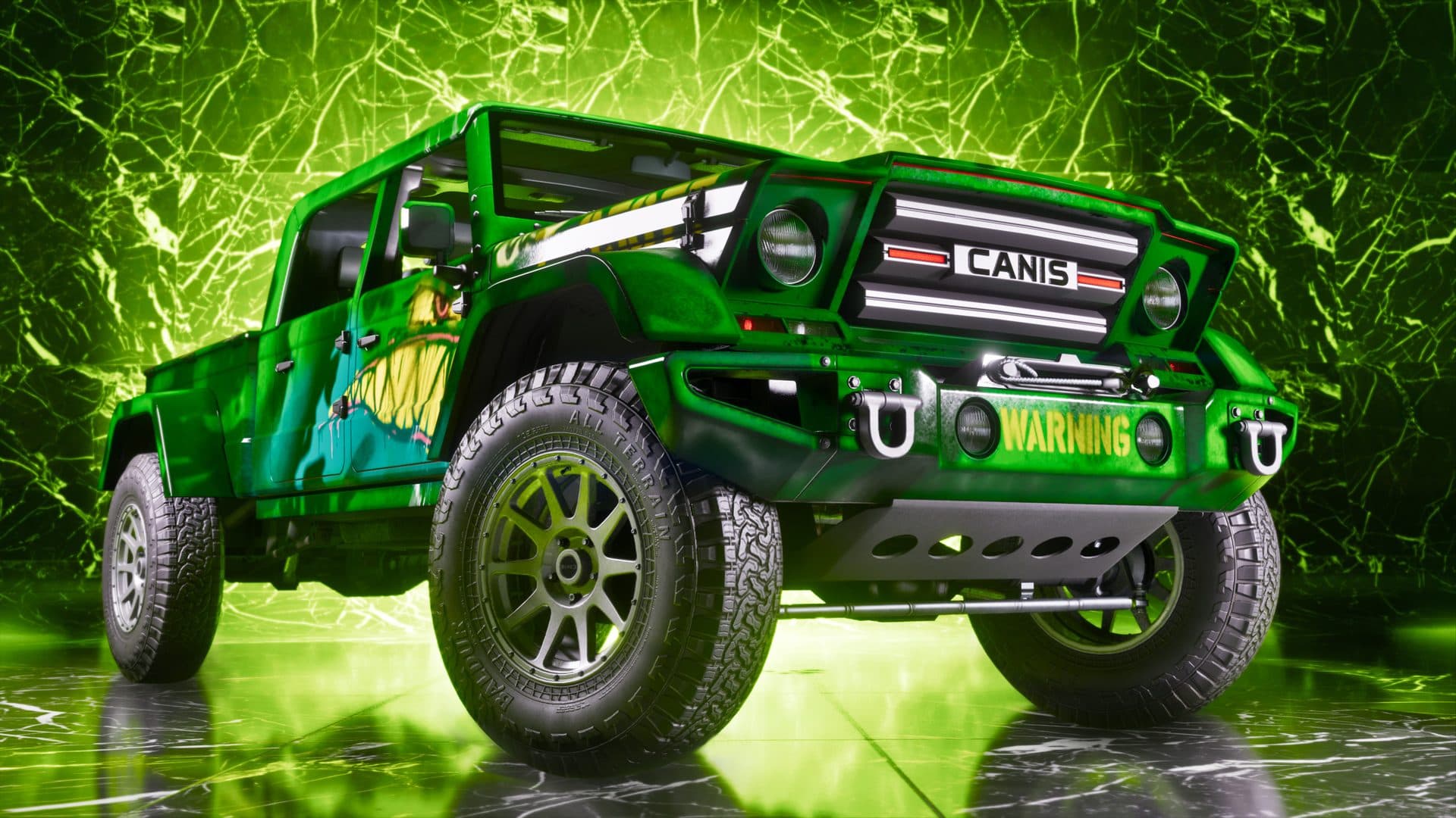 A bright green Canis off-road truck under studio lighting