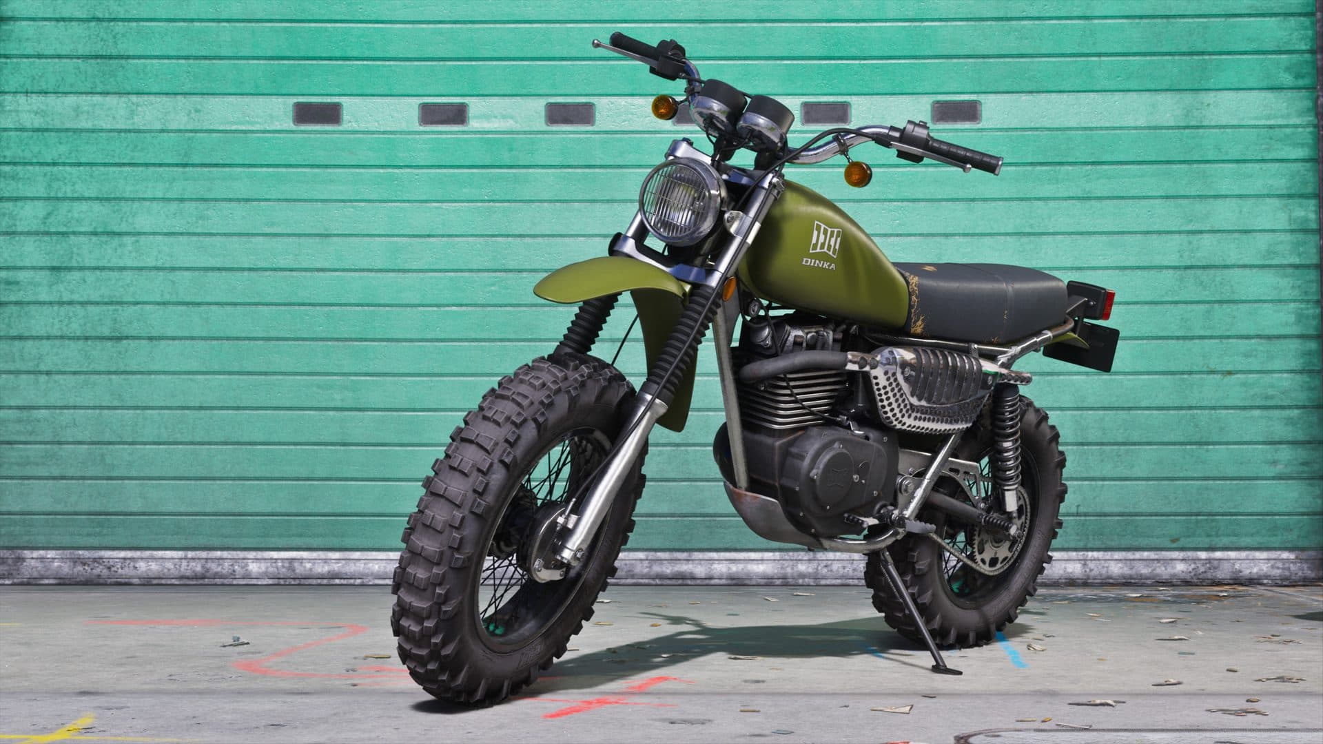 A green Dinka Enduro trail motorcycle against a painted wall