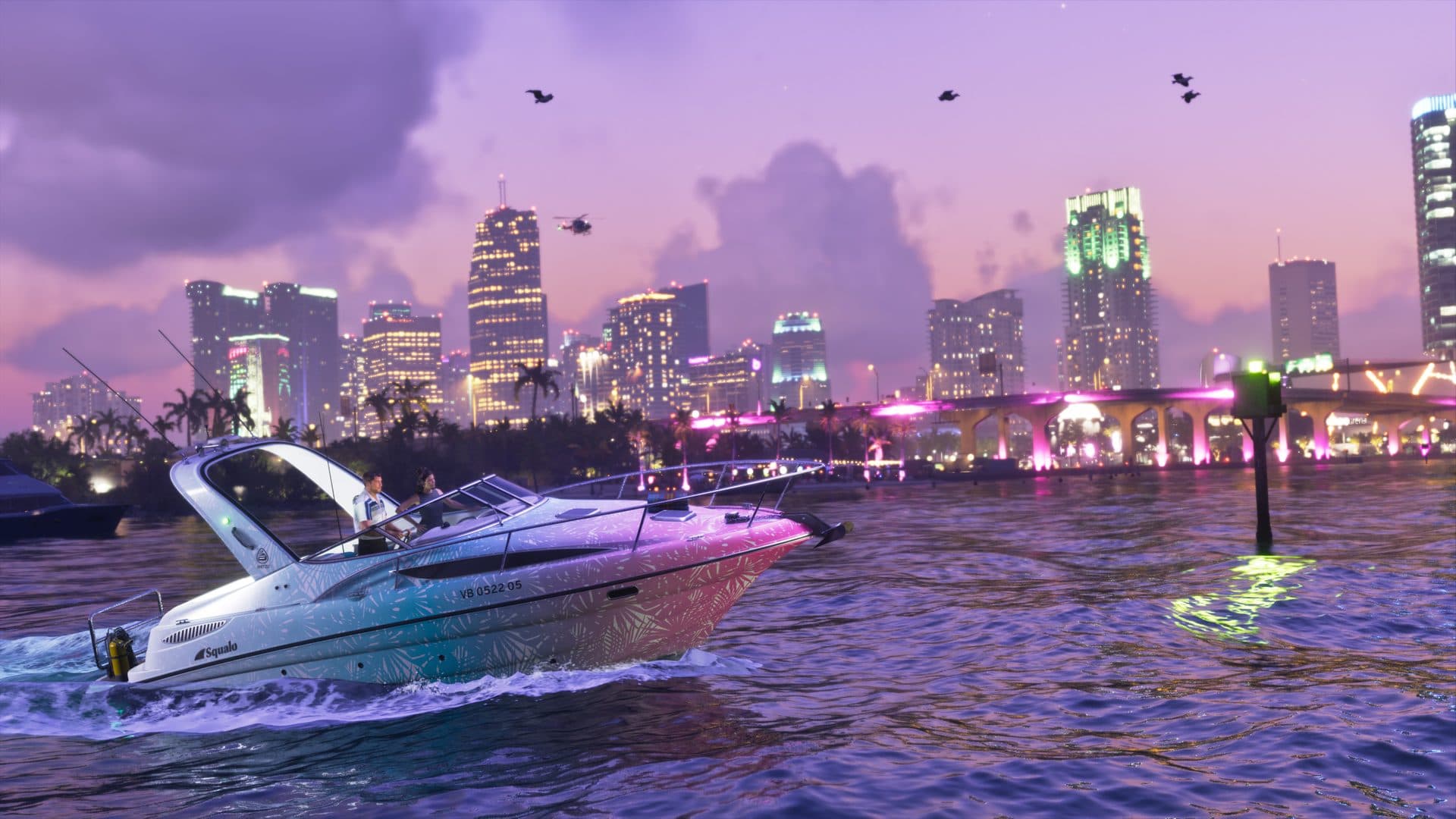A Shitzu Squalo speedboat on the water against the Vice City skyline