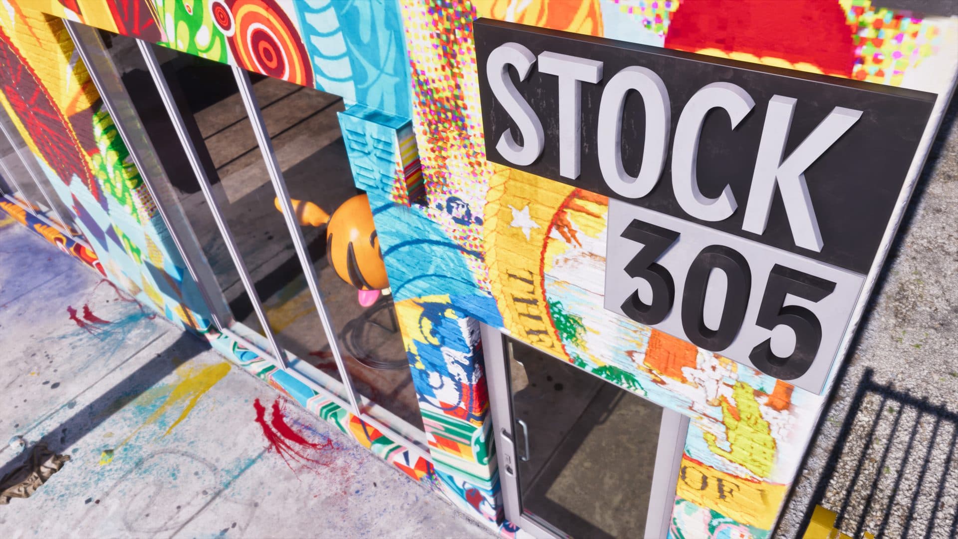 The painted Stock 305 shopfront sign surrounded by graffiti