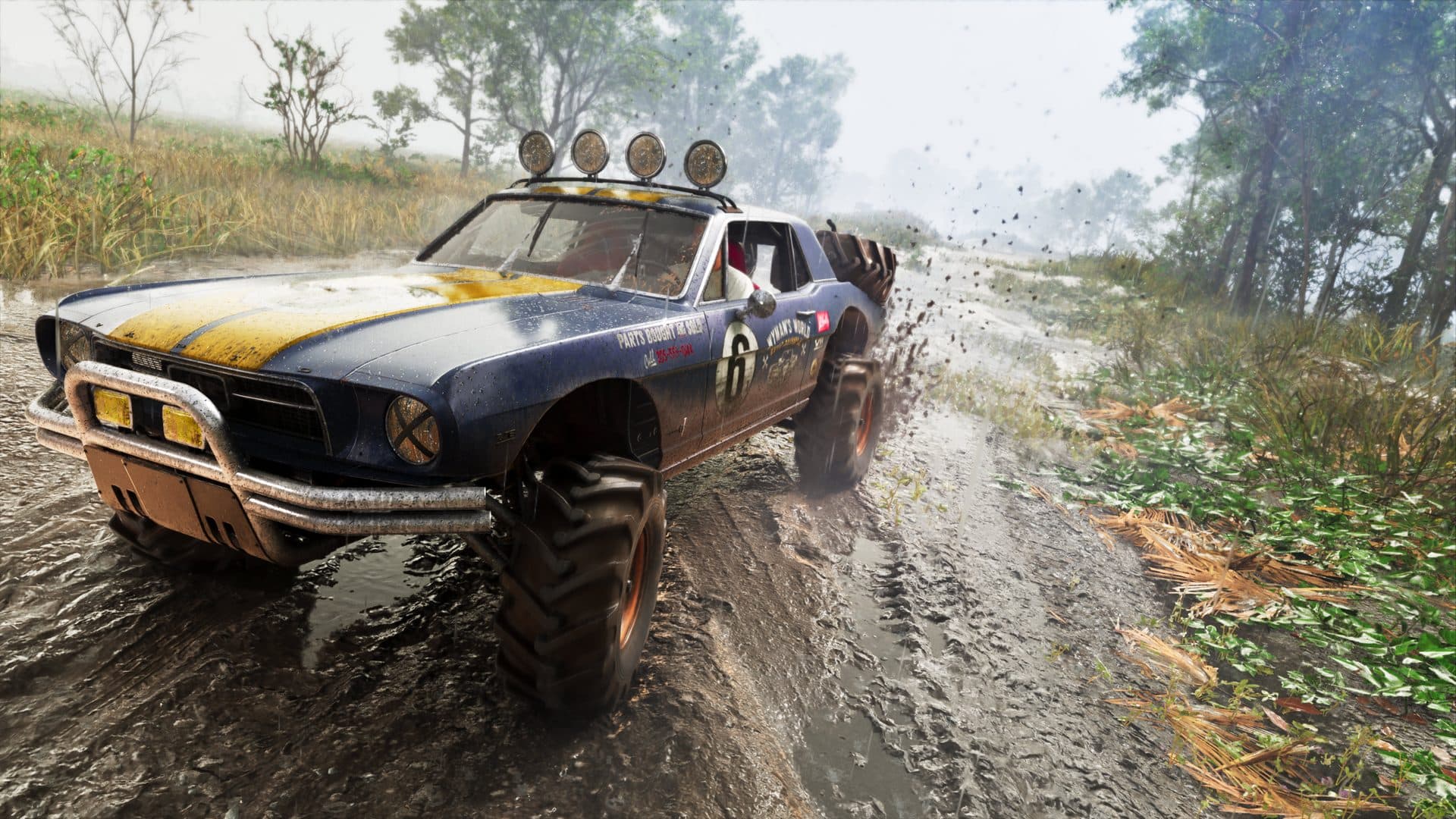 A stripped Vapid Dominator buggy throwing mud on a wet trail