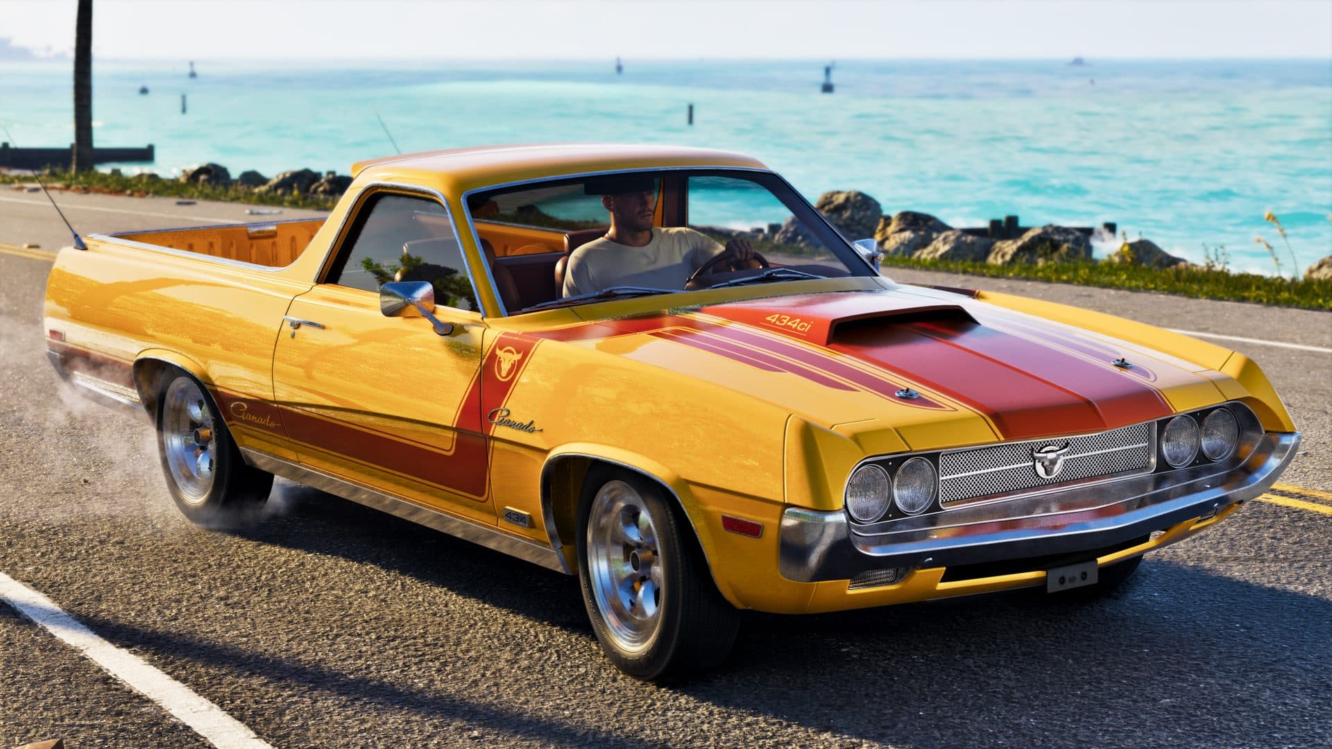 A yellow and orange striped Vapid Ganado coupe utility on a coastal road