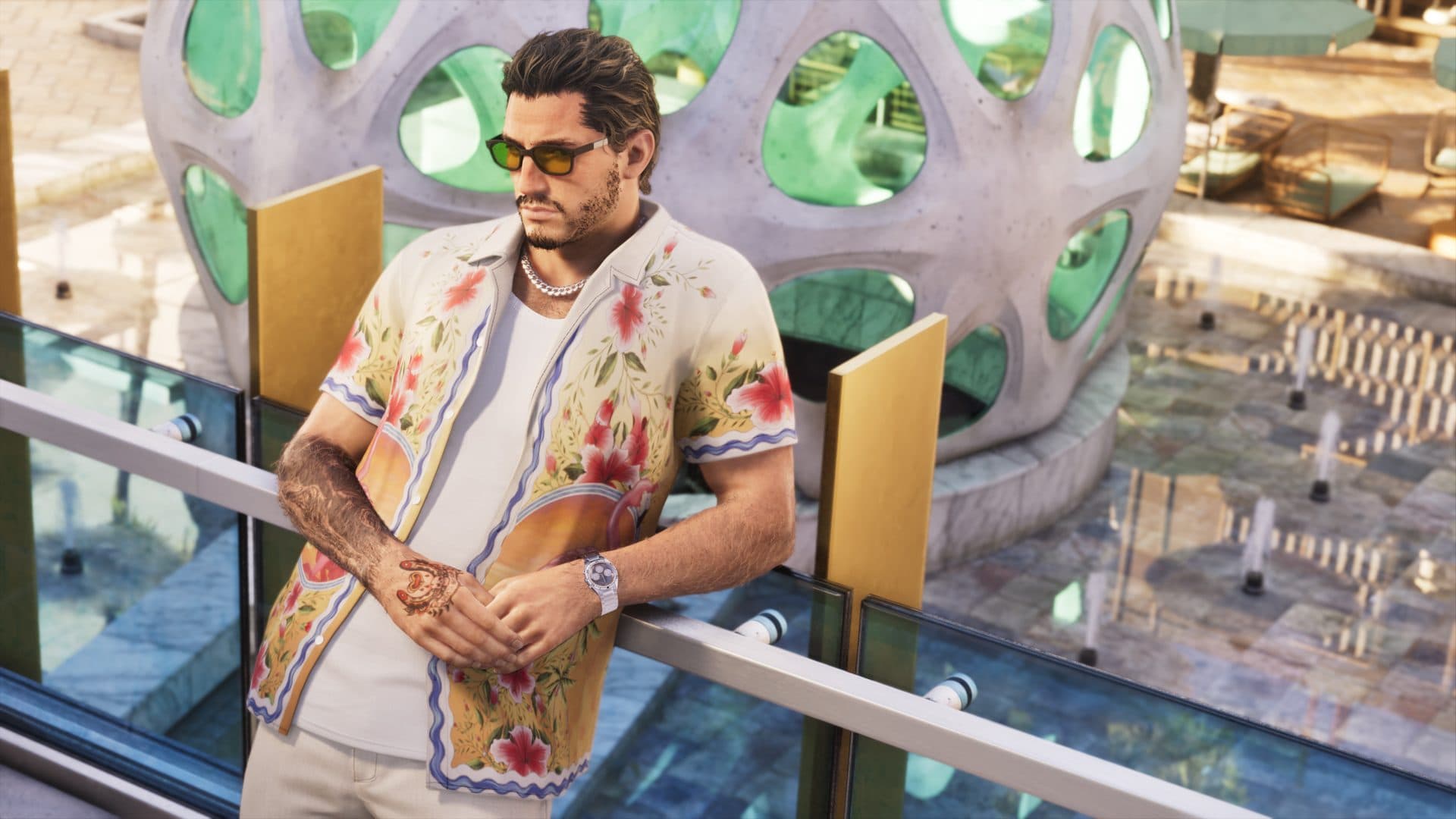 Jason in a patterned shirt on a balcony overlooking Vice City