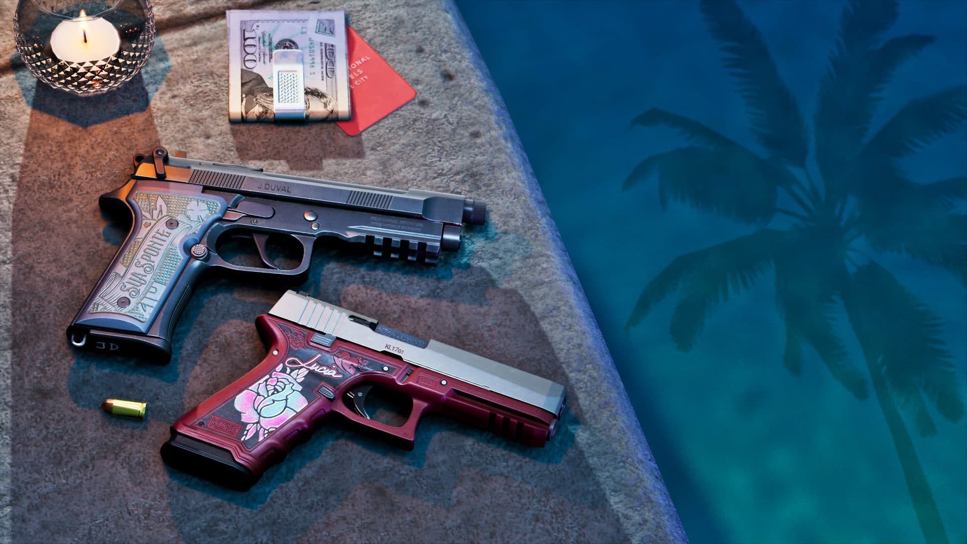Two pistols, one plain black and one engraved in red and chrome