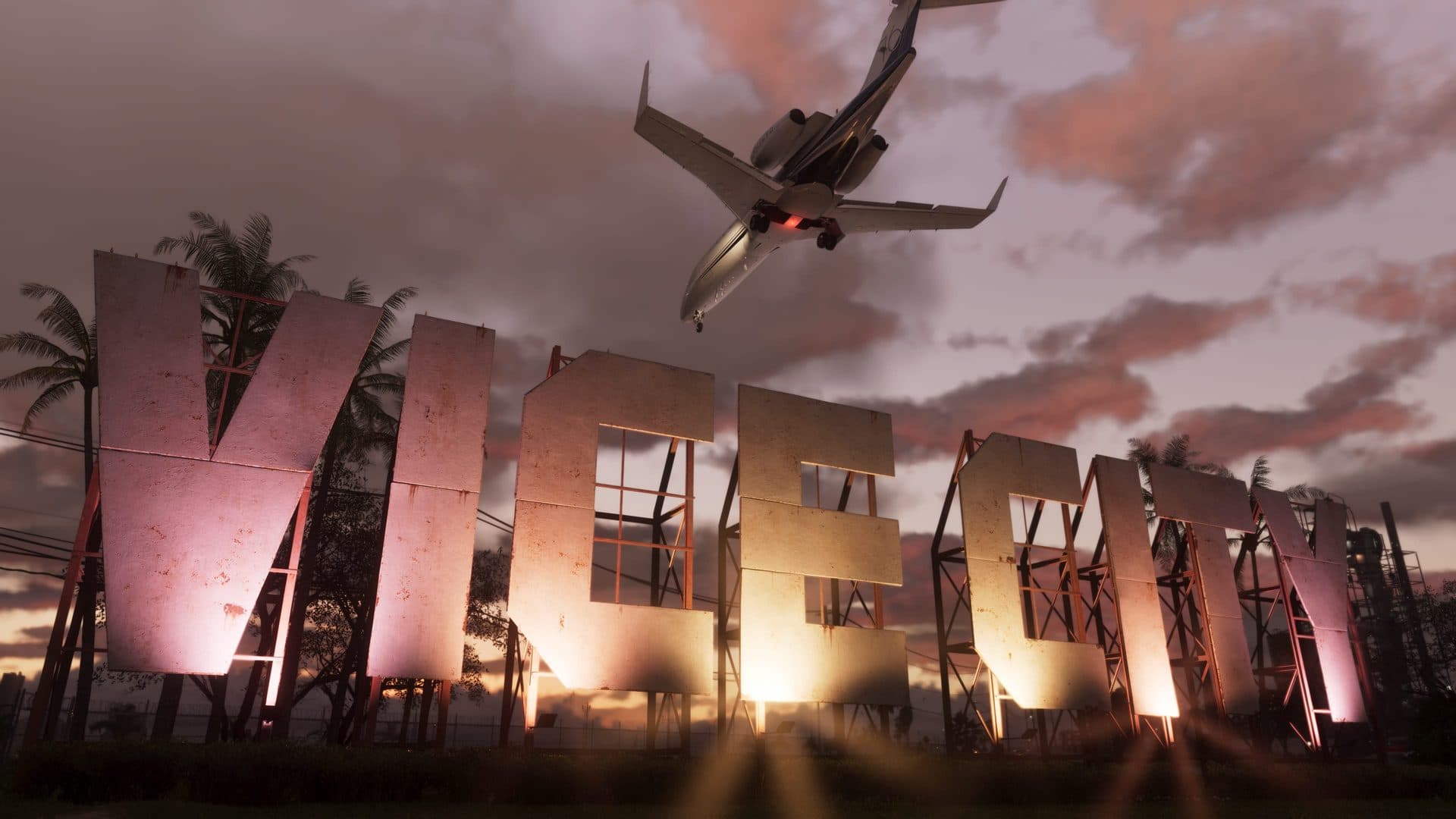 The derelict Vice City sign at dusk