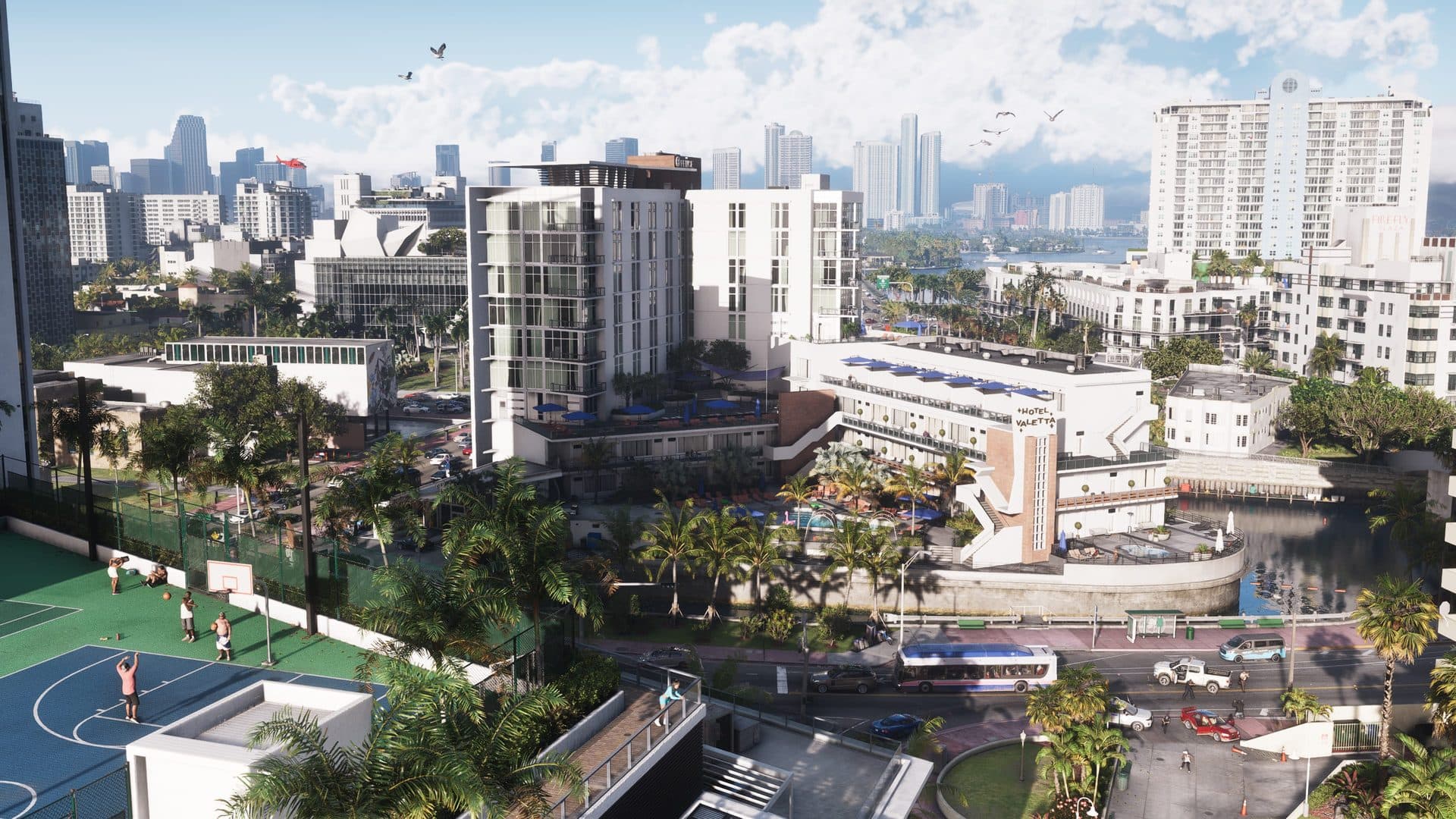 A Vice City district from the air, towers behind