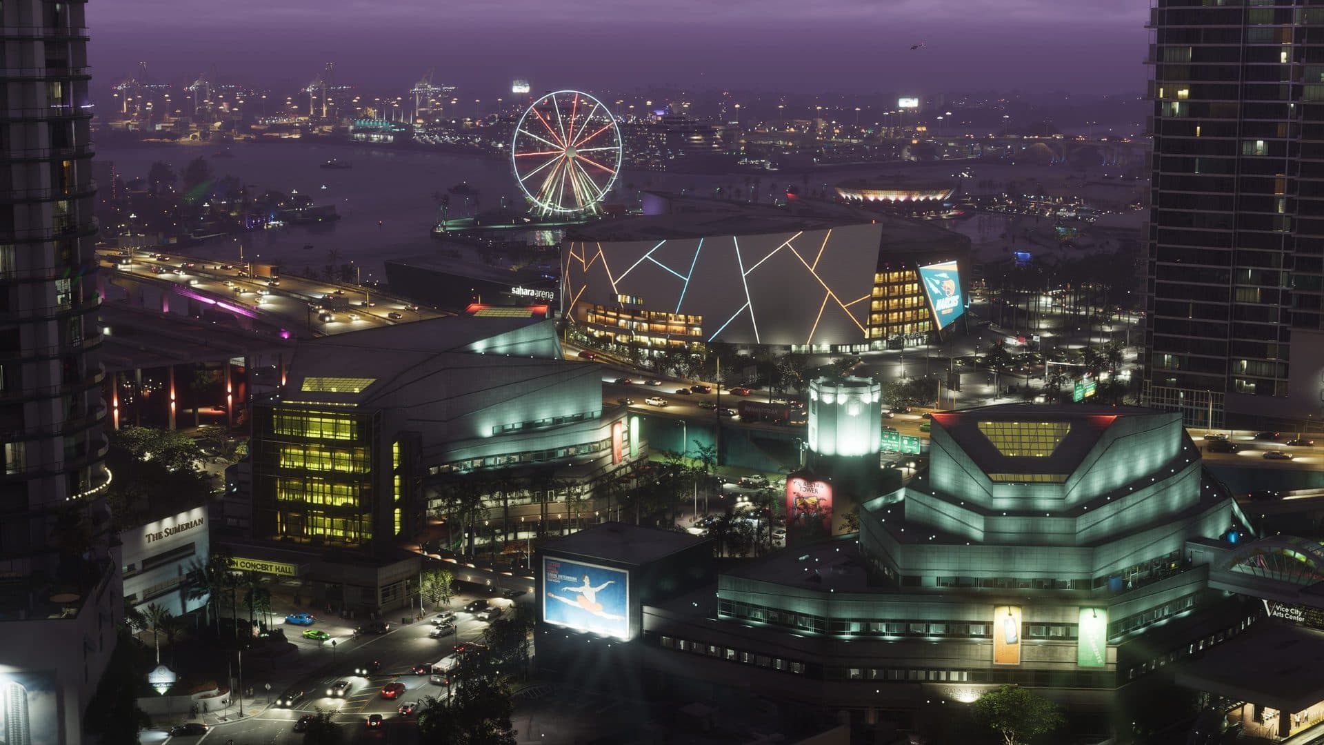 The Vice City waterfront entertainment district lit up at night