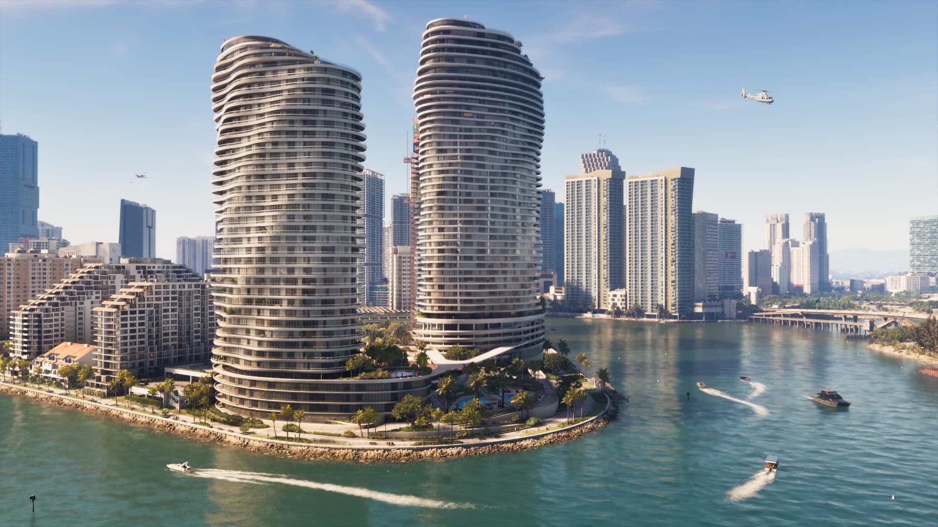 Curved waterfront towers on the Vice City bay
