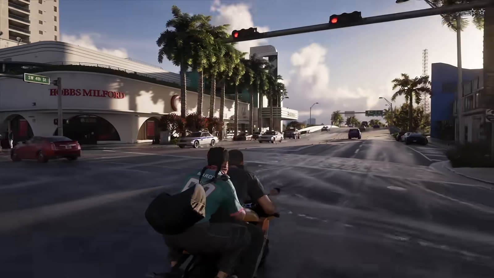 Characters moving through a Vice City street