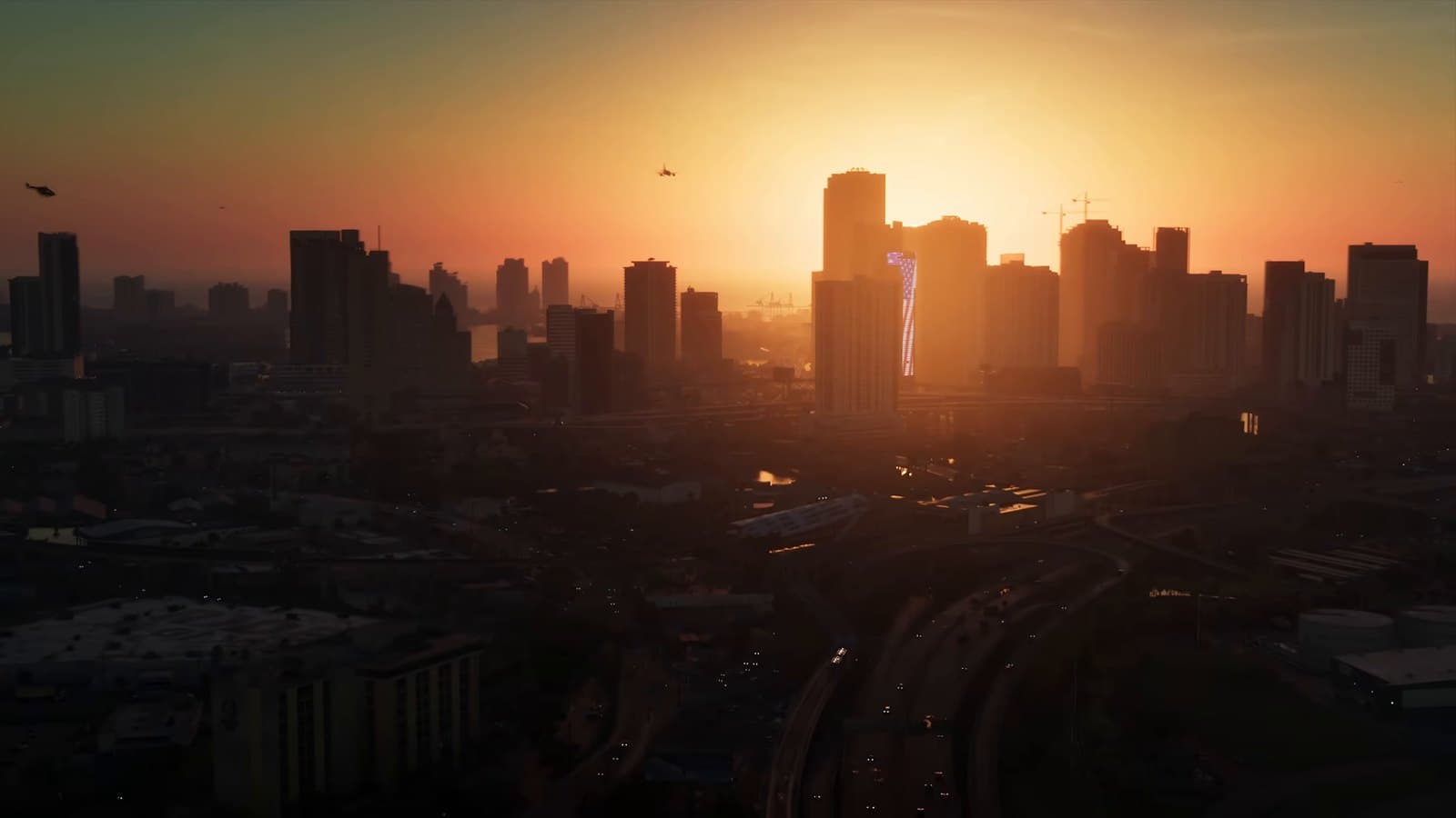 The Vice City skyline at sunset