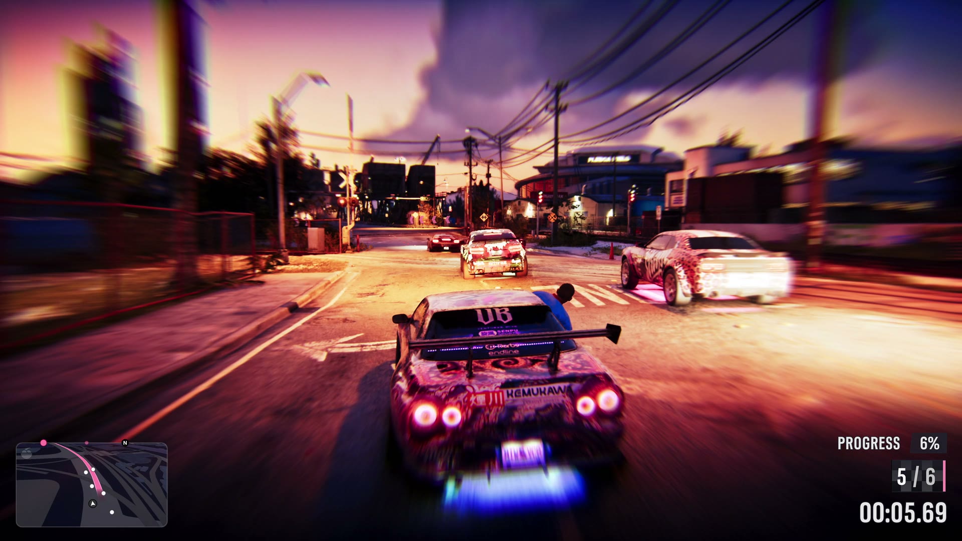 A night street race, progress 6 per cent and fifth of six