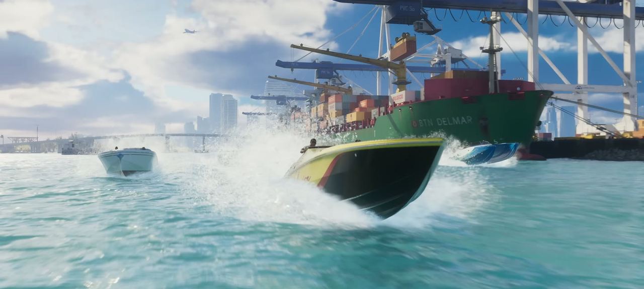 A speedboat running past the container cranes of the port.