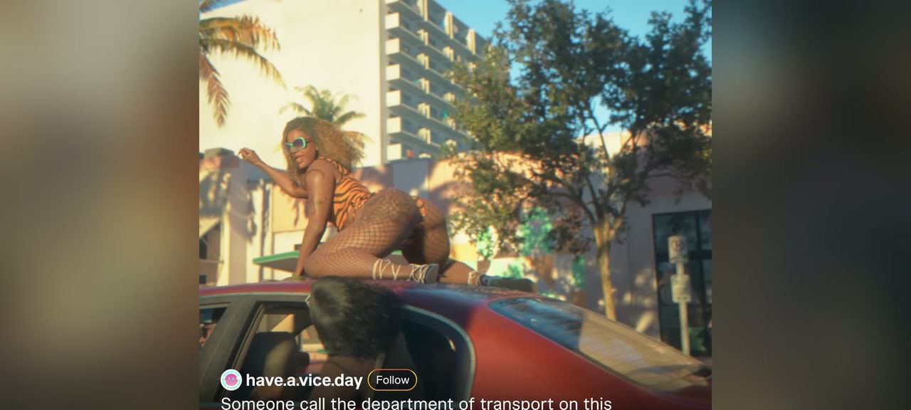 A woman sitting on the bonnet of a car, posted to the in-game feed.
