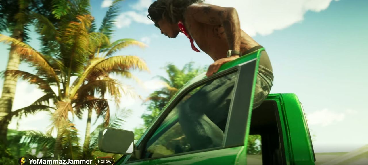 A green pick-up with somebody sitting out of the door, posted to the feed.