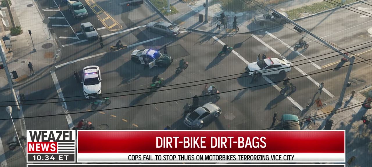 Aerial of an intersection full of police under a WEAZEL headline about dirt bikes.
