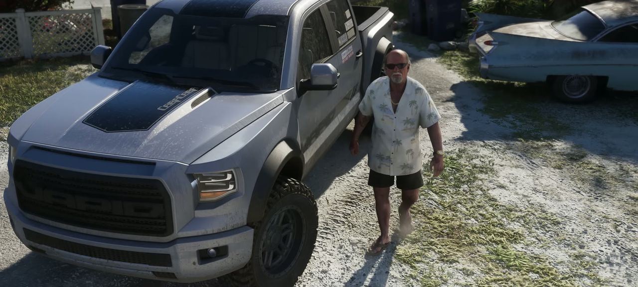 A lifted white pick-up head on, reported as a Vapid Caracara.