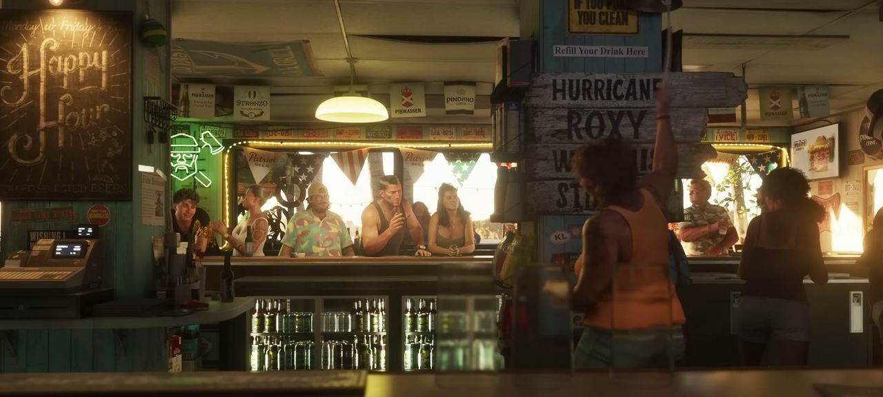 Inside a bar under a Happy Hour board, bottles lined up behind.