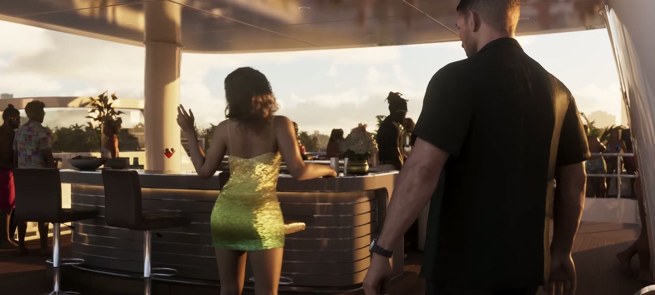 A rooftop bar at sunset, the city behind the railing.