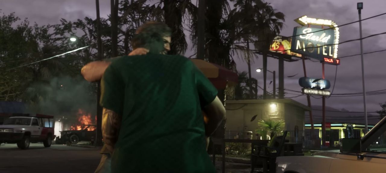 A street fight in front of a bar, an SUV parked behind.