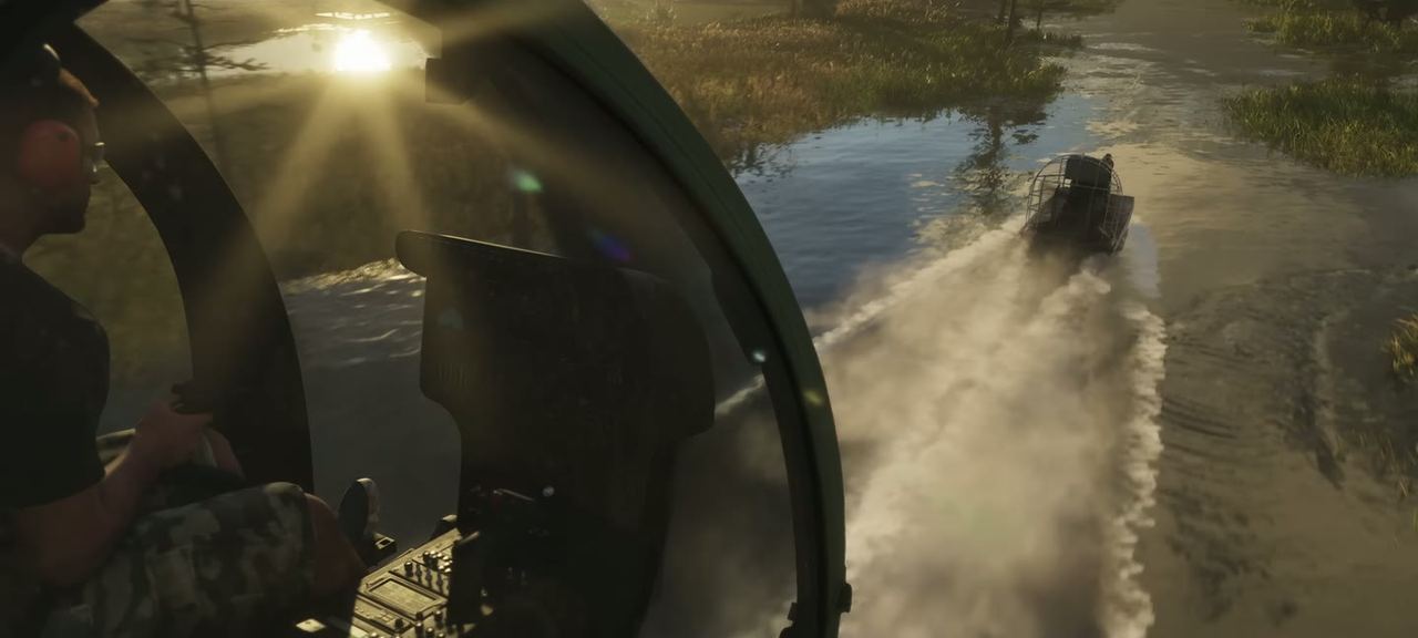 Shot from inside an airboat at speed, fan running, hull up.