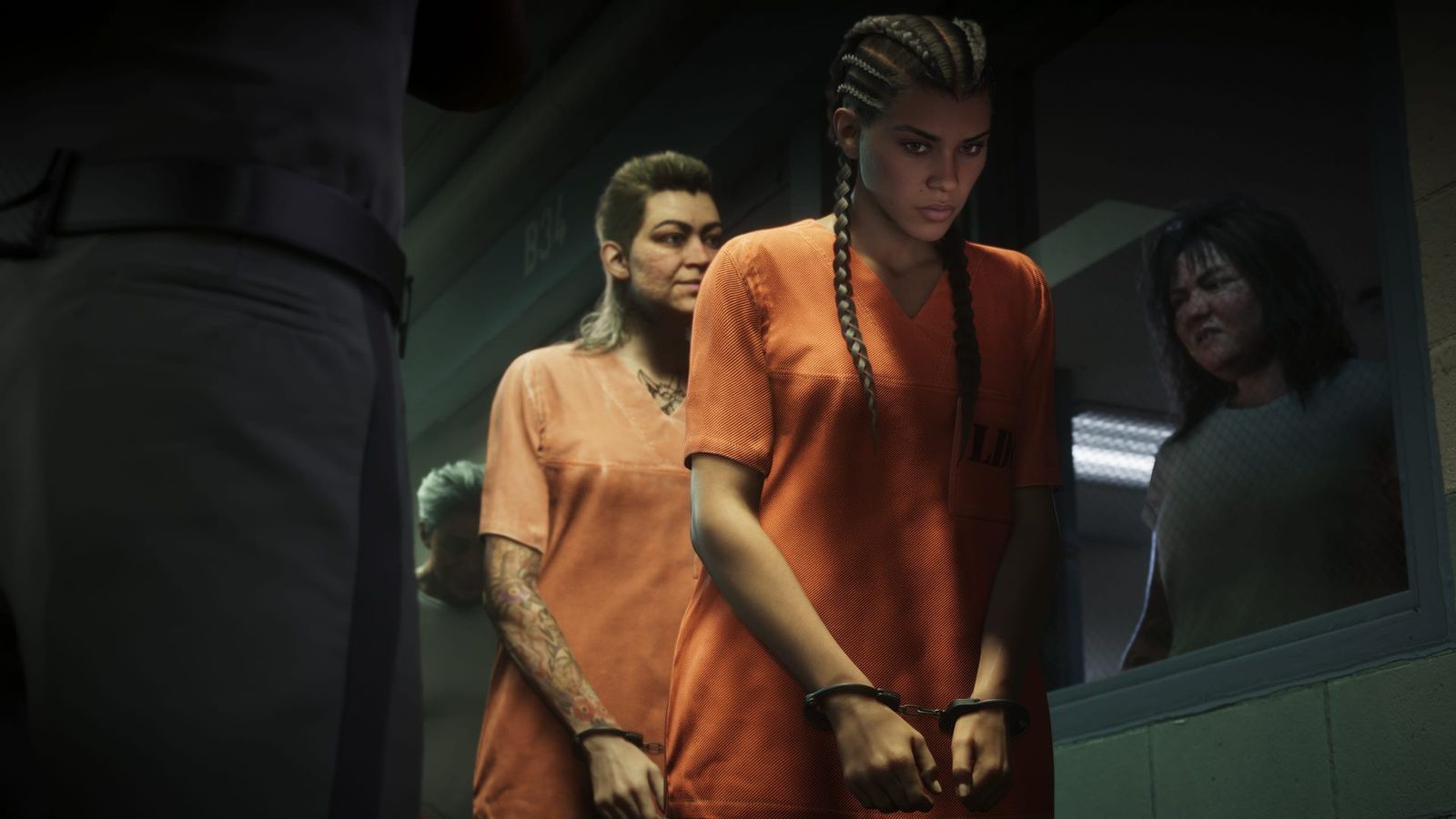 Lucia in a prison jumpsuit and handcuffs, as Rockstar showed her in the first trailer
