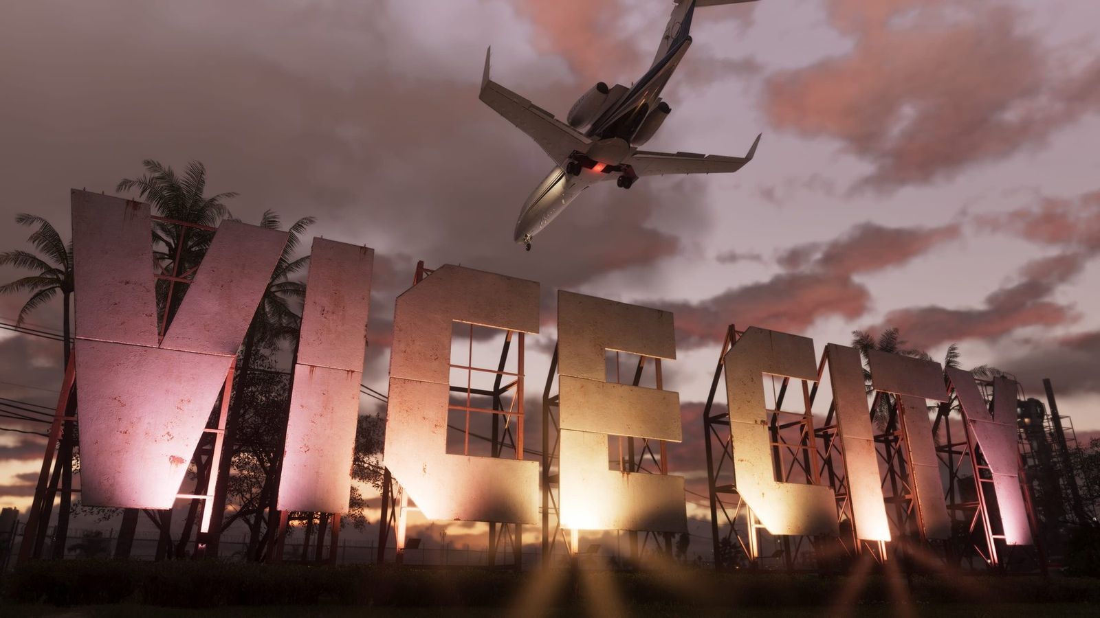 The derelict Vice City sign at dusk