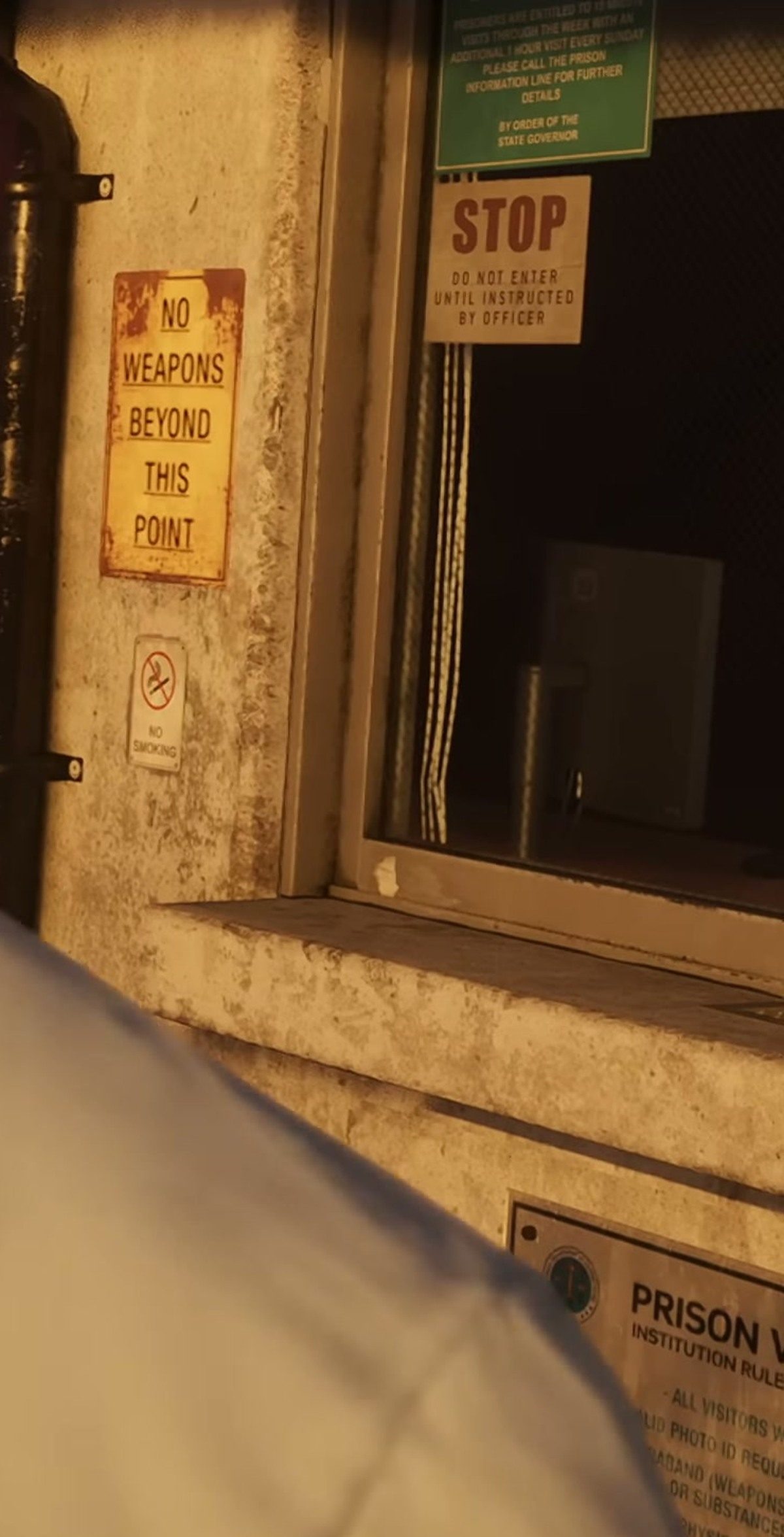 Four signs on one gatehouse wall, read off the 2160p master